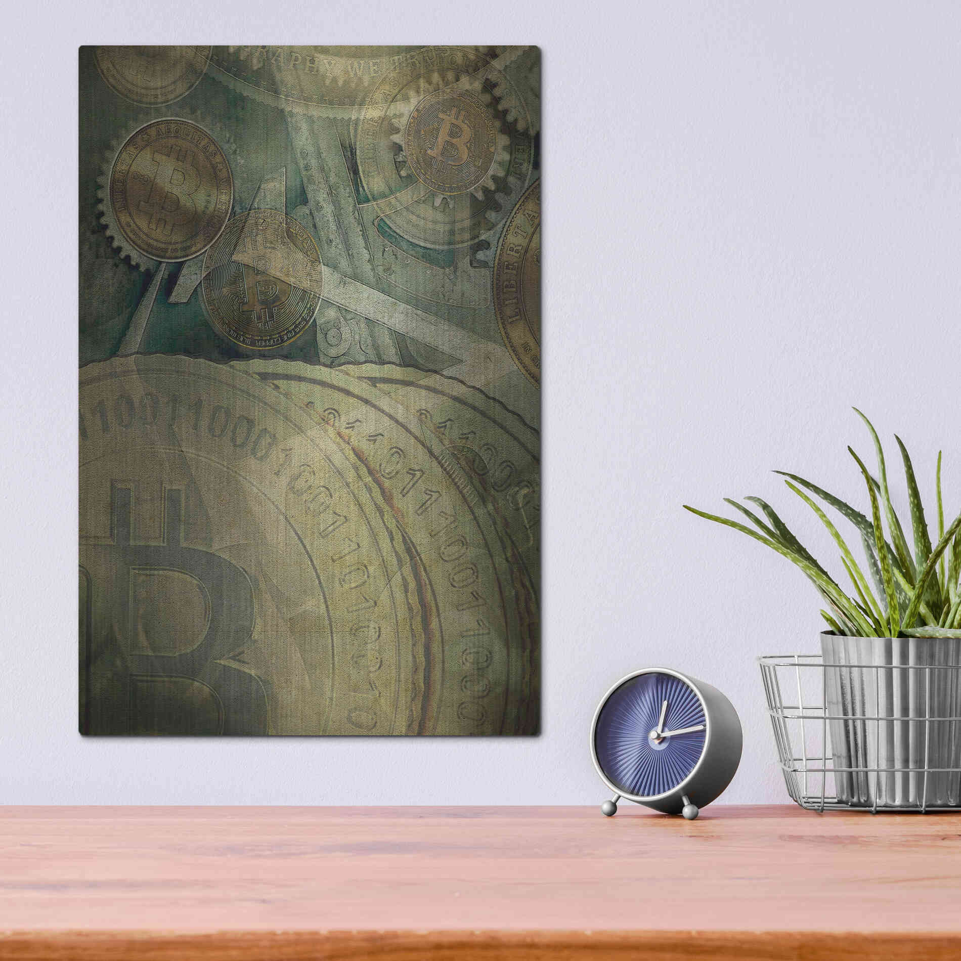 Luxe Metal Art 'Grunge Bitcoin Four' by Steve Hunziker, Metal Wall Art,12x16