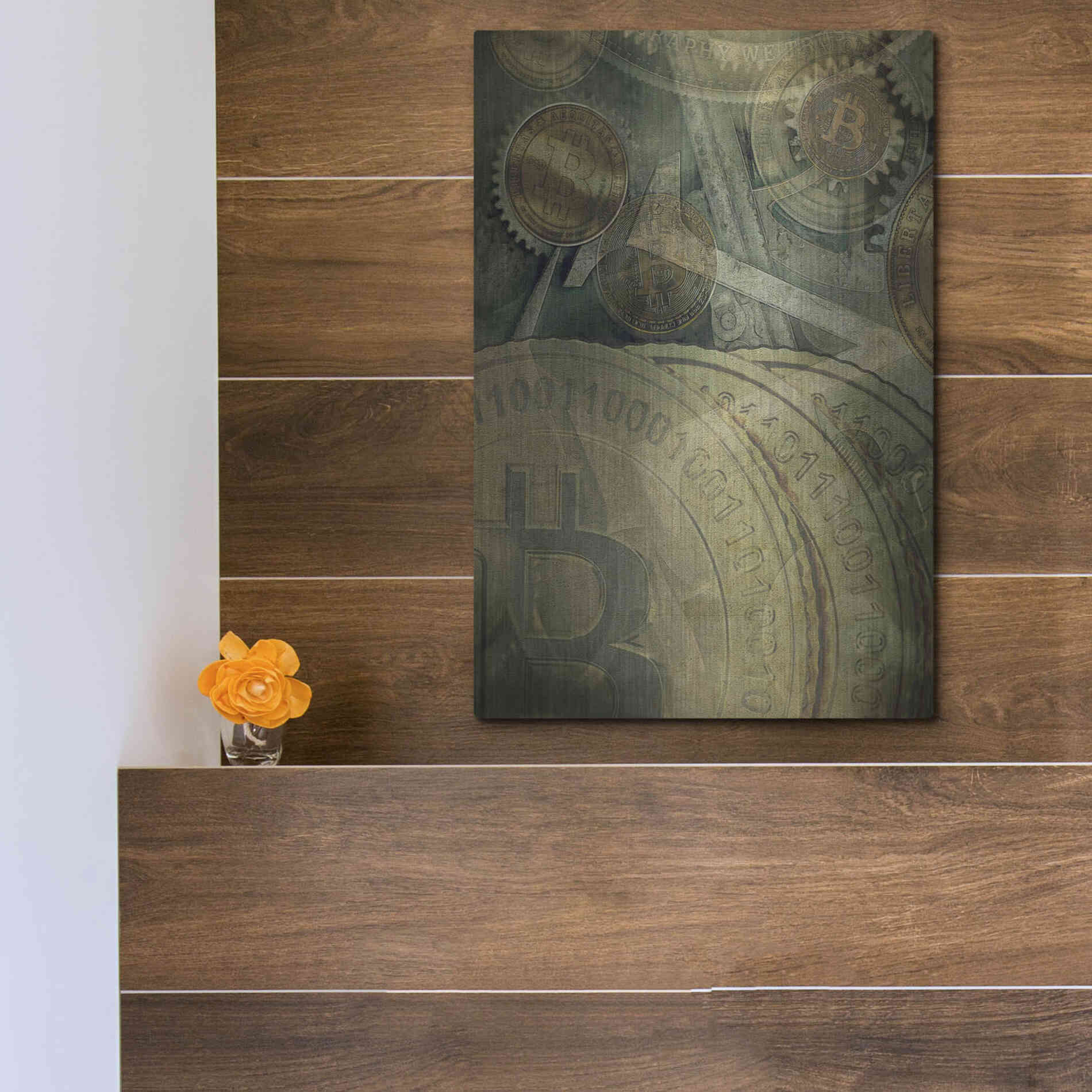 Luxe Metal Art 'Grunge Bitcoin Four' by Steve Hunziker, Metal Wall Art,12x16