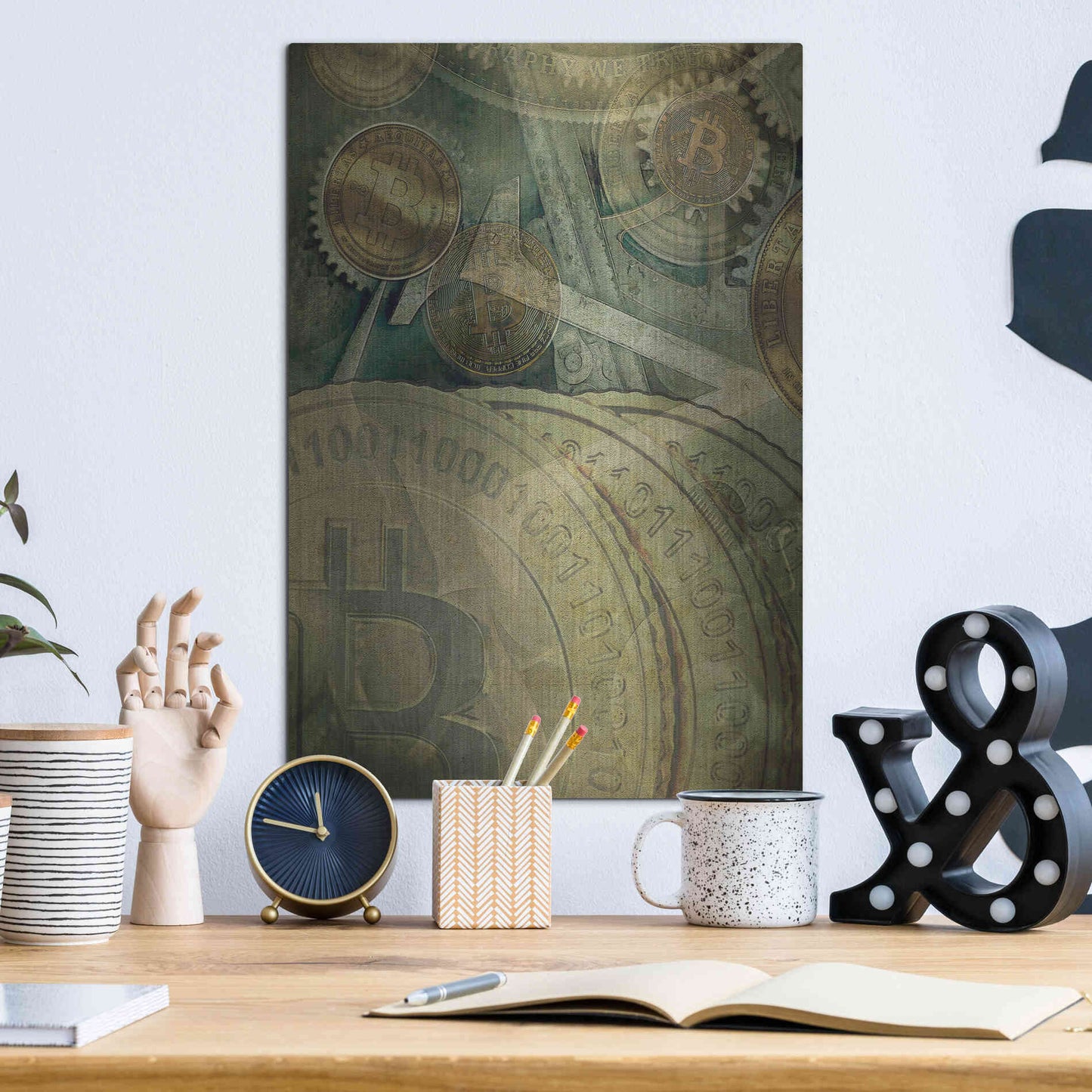 Luxe Metal Art 'Grunge Bitcoin Four' by Steve Hunziker, Metal Wall Art,12x16