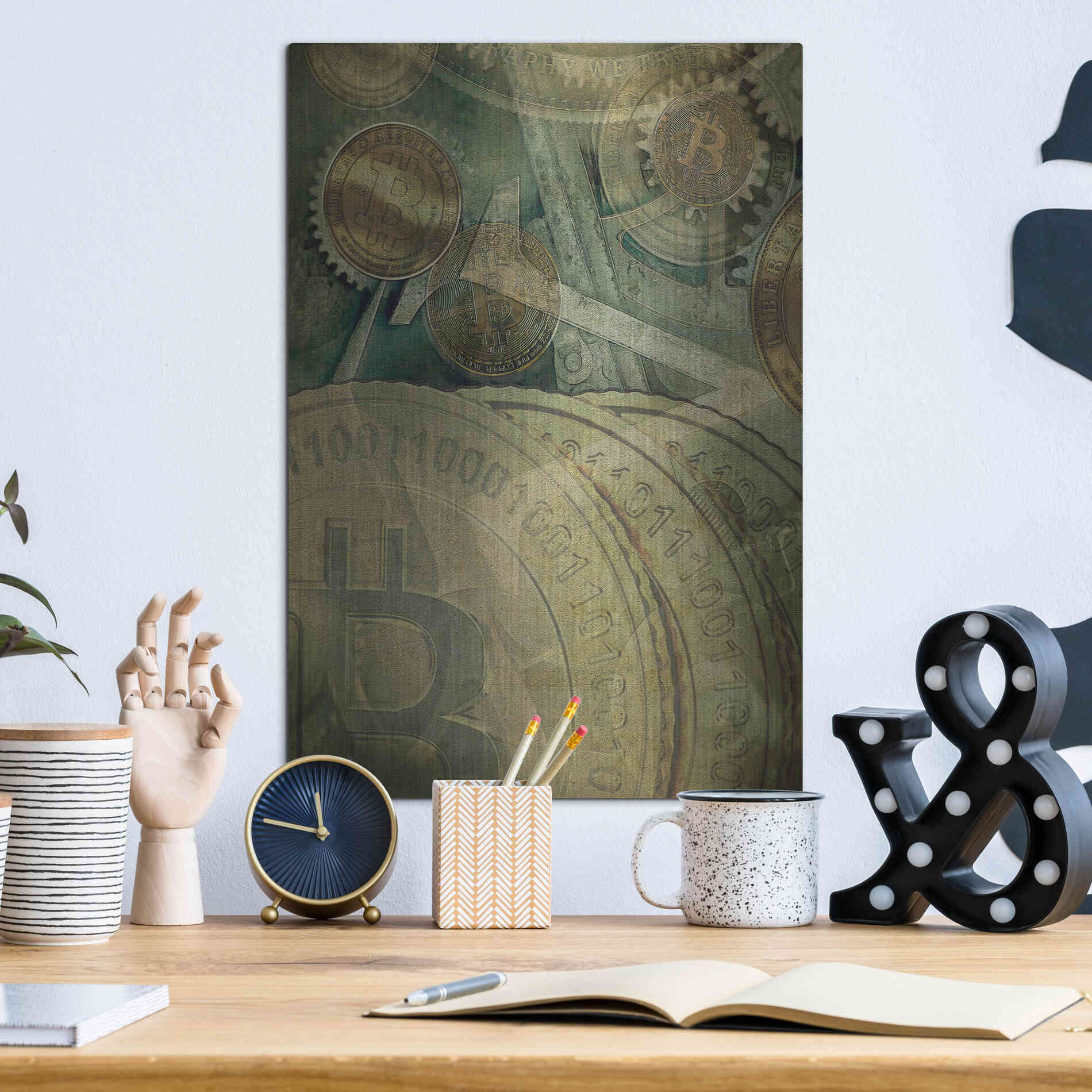 Luxe Metal Art 'Grunge Bitcoin Four' by Steve Hunziker, Metal Wall Art,12x16