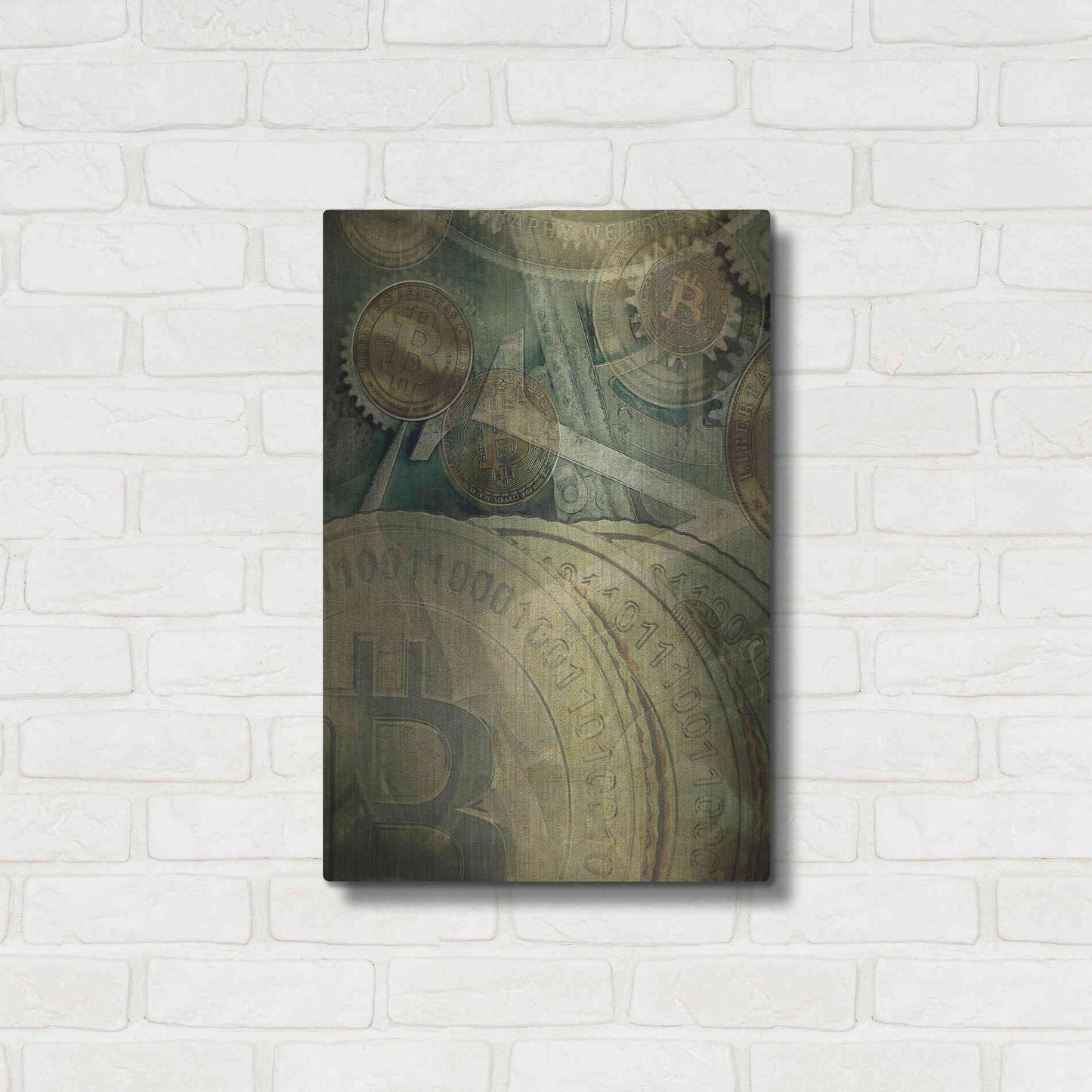 Luxe Metal Art 'Grunge Bitcoin Four' by Steve Hunziker, Metal Wall Art,16x24