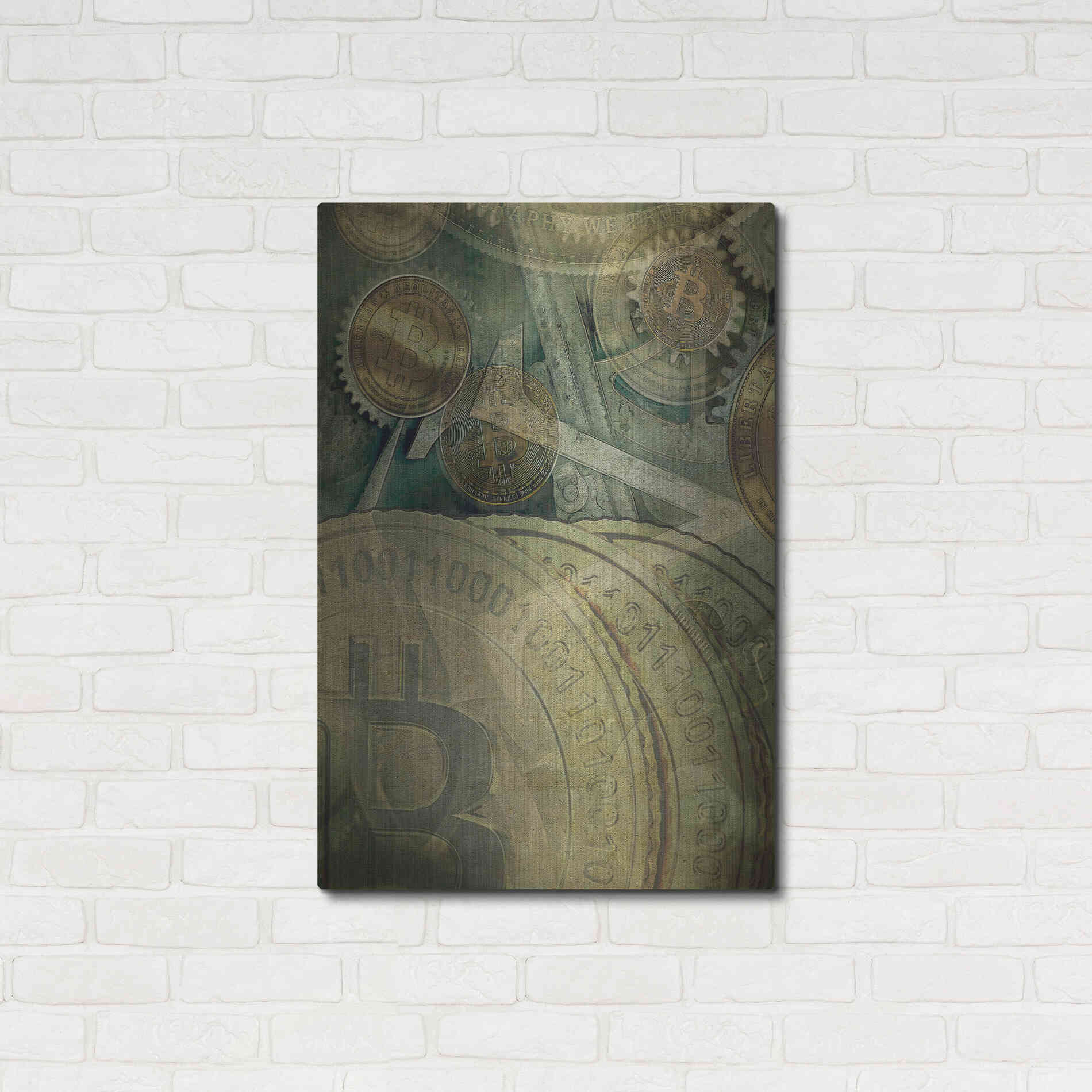 Luxe Metal Art 'Grunge Bitcoin Four' by Steve Hunziker, Metal Wall Art,24x36