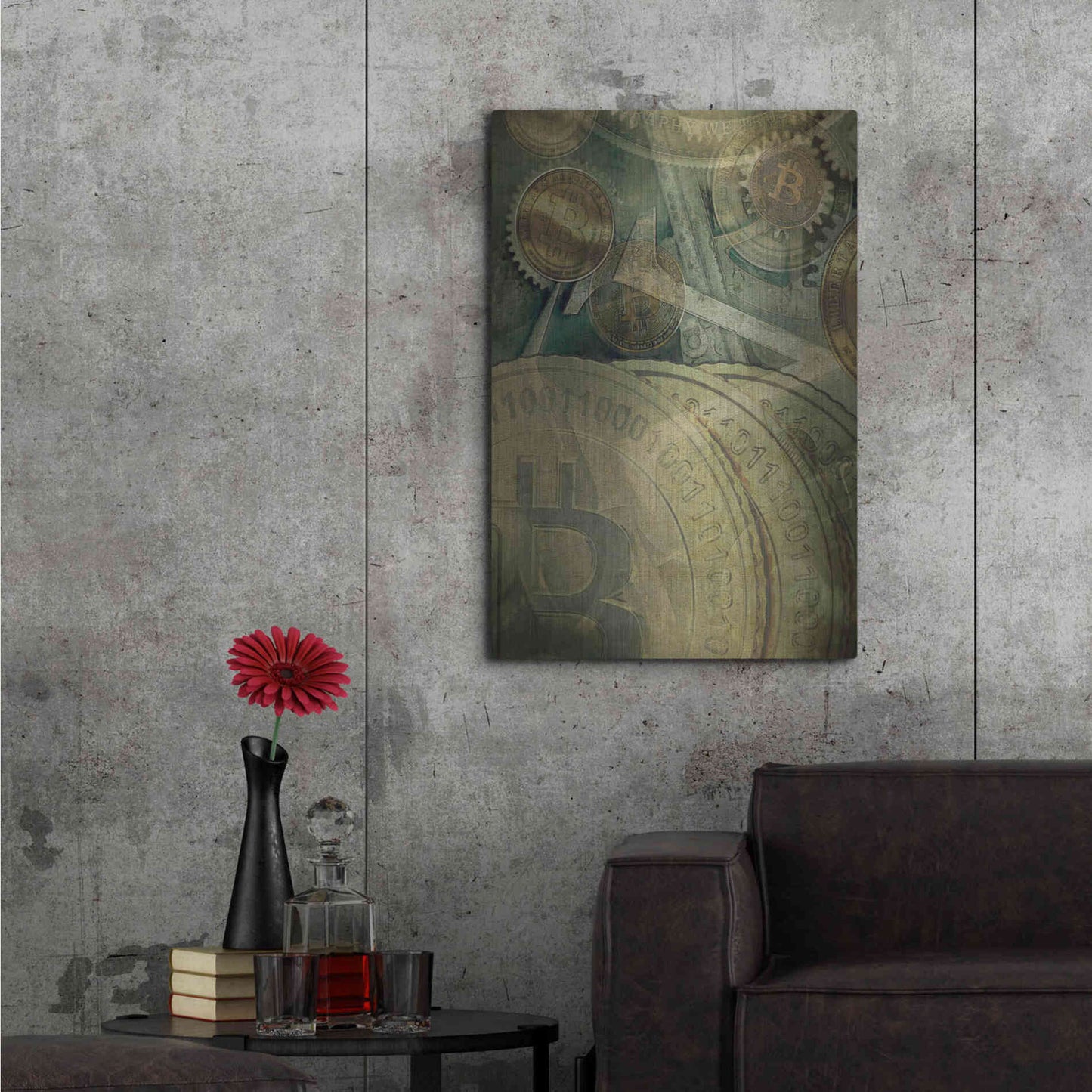 Luxe Metal Art 'Grunge Bitcoin Four' by Steve Hunziker, Metal Wall Art,24x36