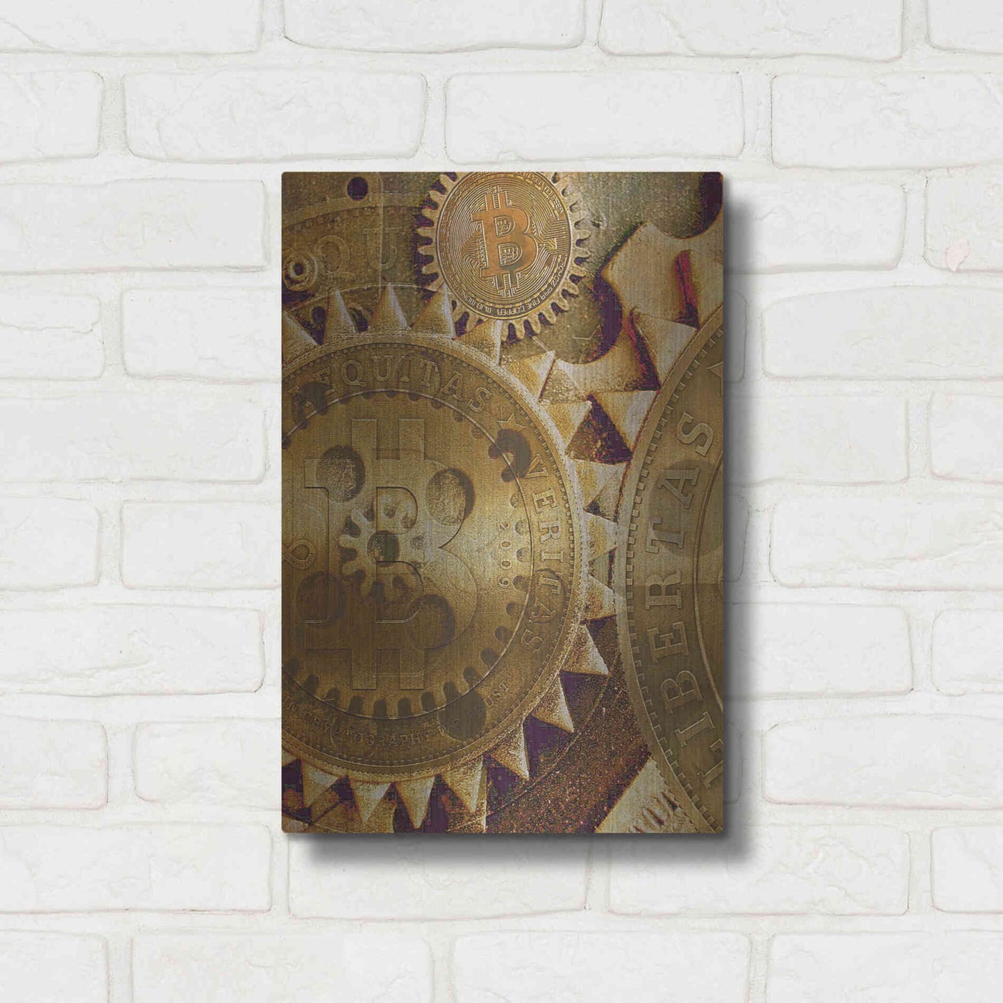 Luxe Metal Art 'Grunge Bitcoin Five' by Steve Hunziker, Metal Wall Art,12x16