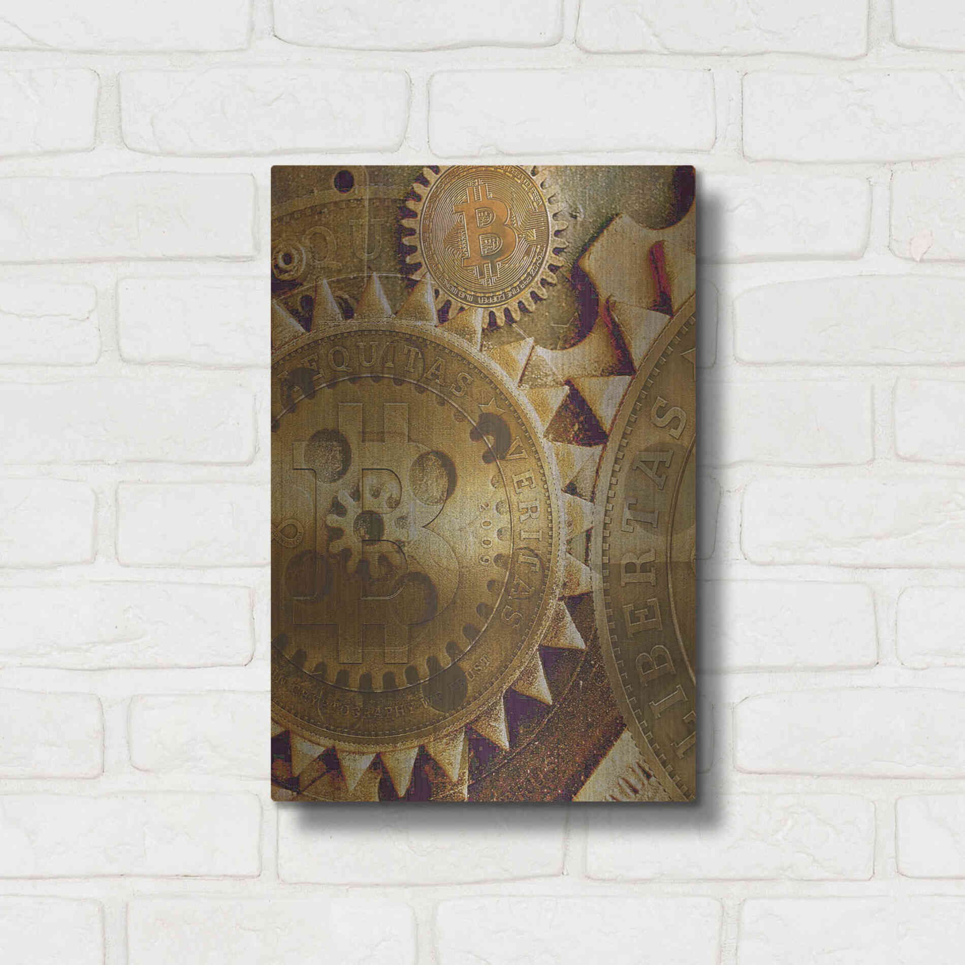 Luxe Metal Art 'Grunge Bitcoin Five' by Steve Hunziker, Metal Wall Art,12x16