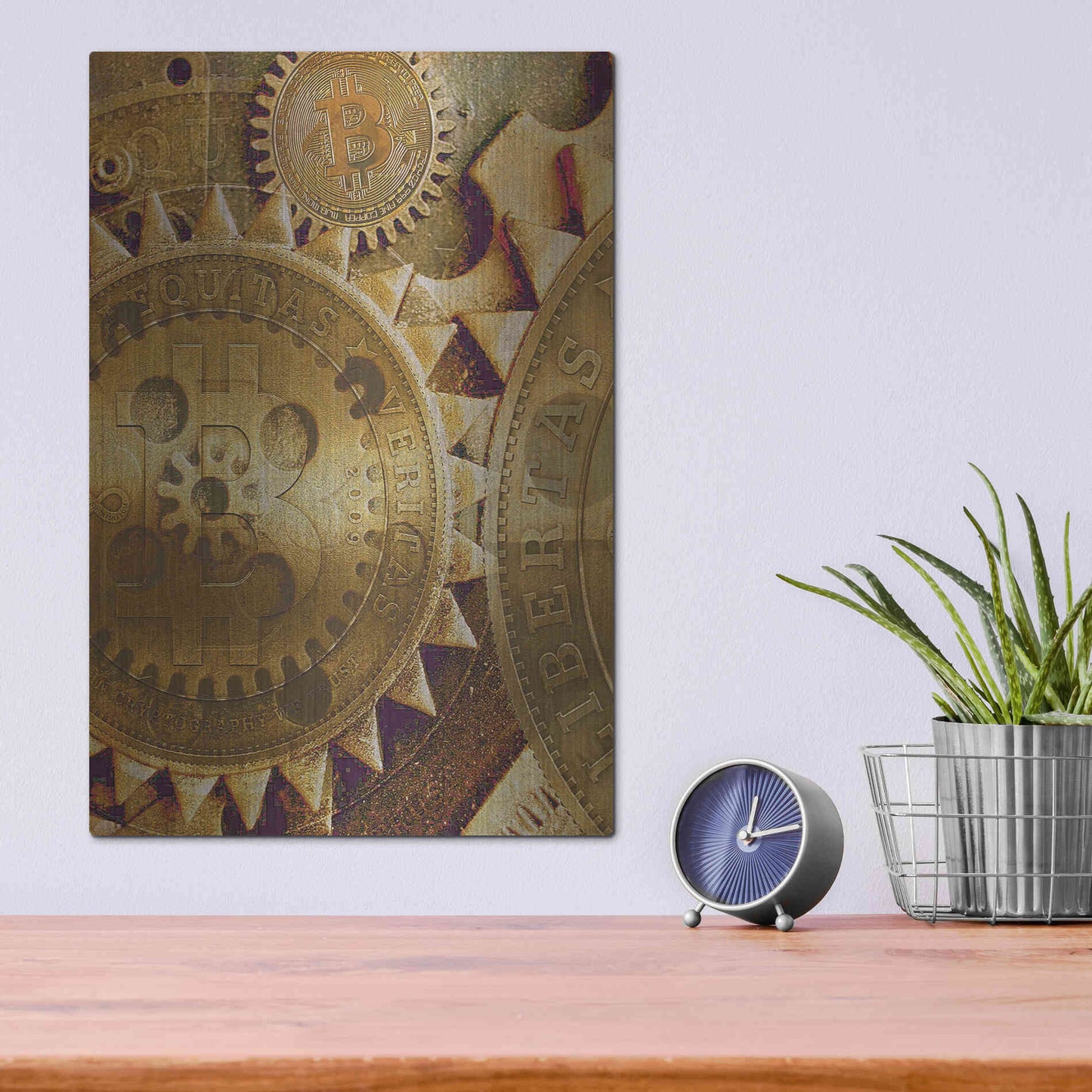Luxe Metal Art 'Grunge Bitcoin Five' by Steve Hunziker, Metal Wall Art,12x16