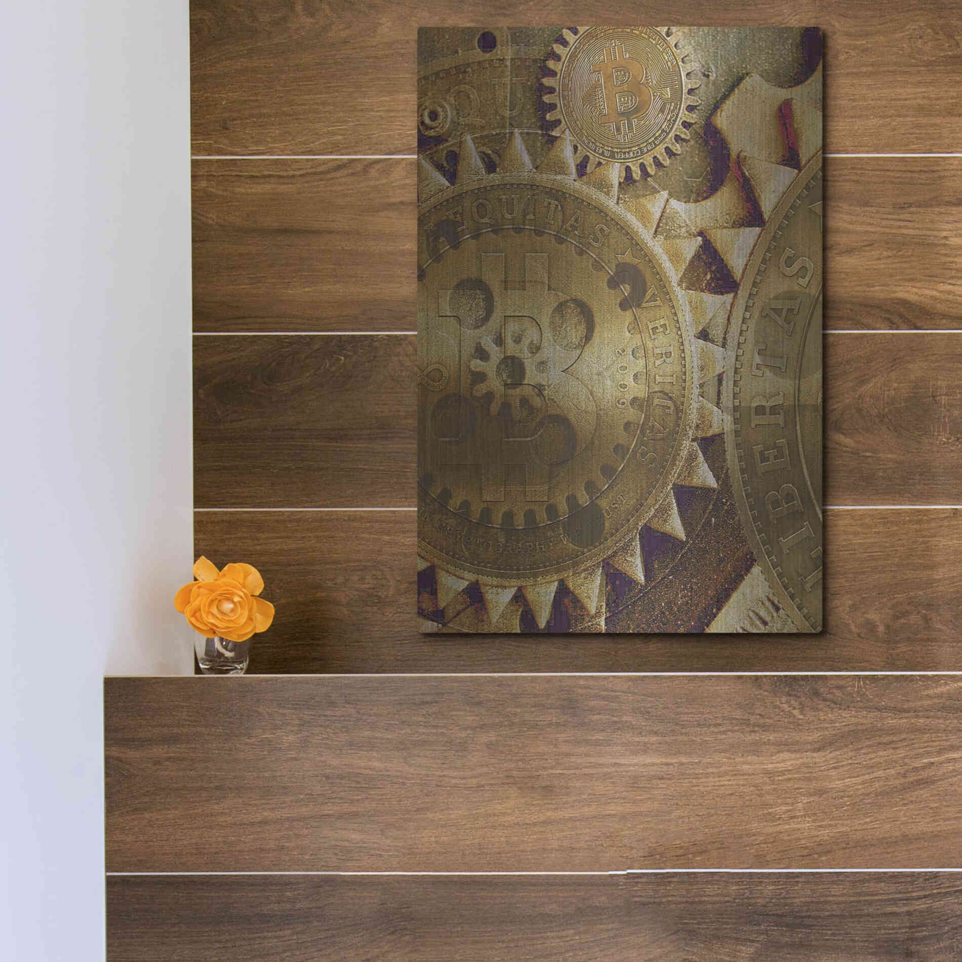 Luxe Metal Art 'Grunge Bitcoin Five' by Steve Hunziker, Metal Wall Art,12x16
