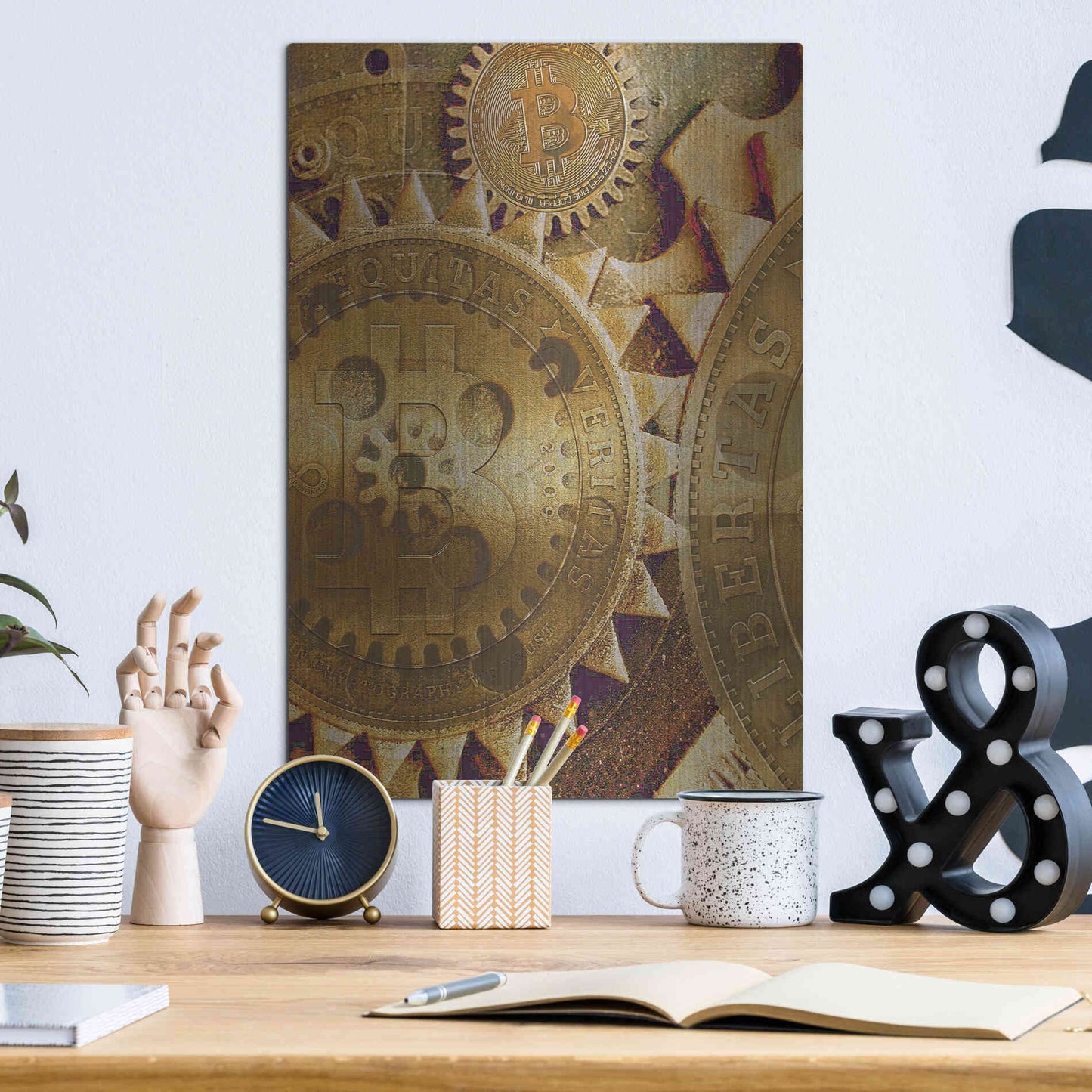 Luxe Metal Art 'Grunge Bitcoin Five' by Steve Hunziker, Metal Wall Art,12x16