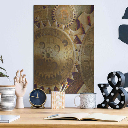 Luxe Metal Art 'Grunge Bitcoin Five' by Steve Hunziker, Metal Wall Art,12x16