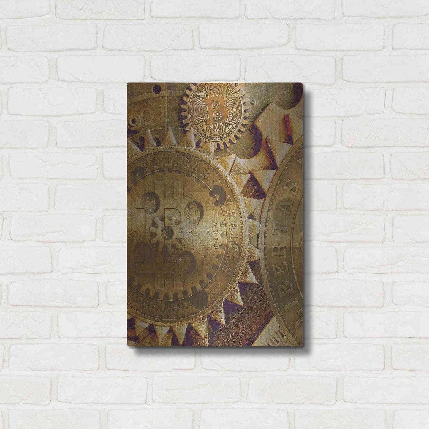 Luxe Metal Art 'Grunge Bitcoin Five' by Steve Hunziker, Metal Wall Art,16x24