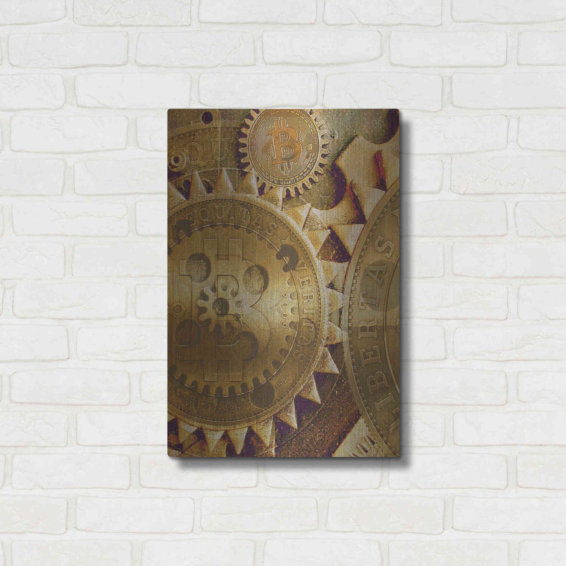 Luxe Metal Art 'Grunge Bitcoin Five' by Steve Hunziker, Metal Wall Art,16x24