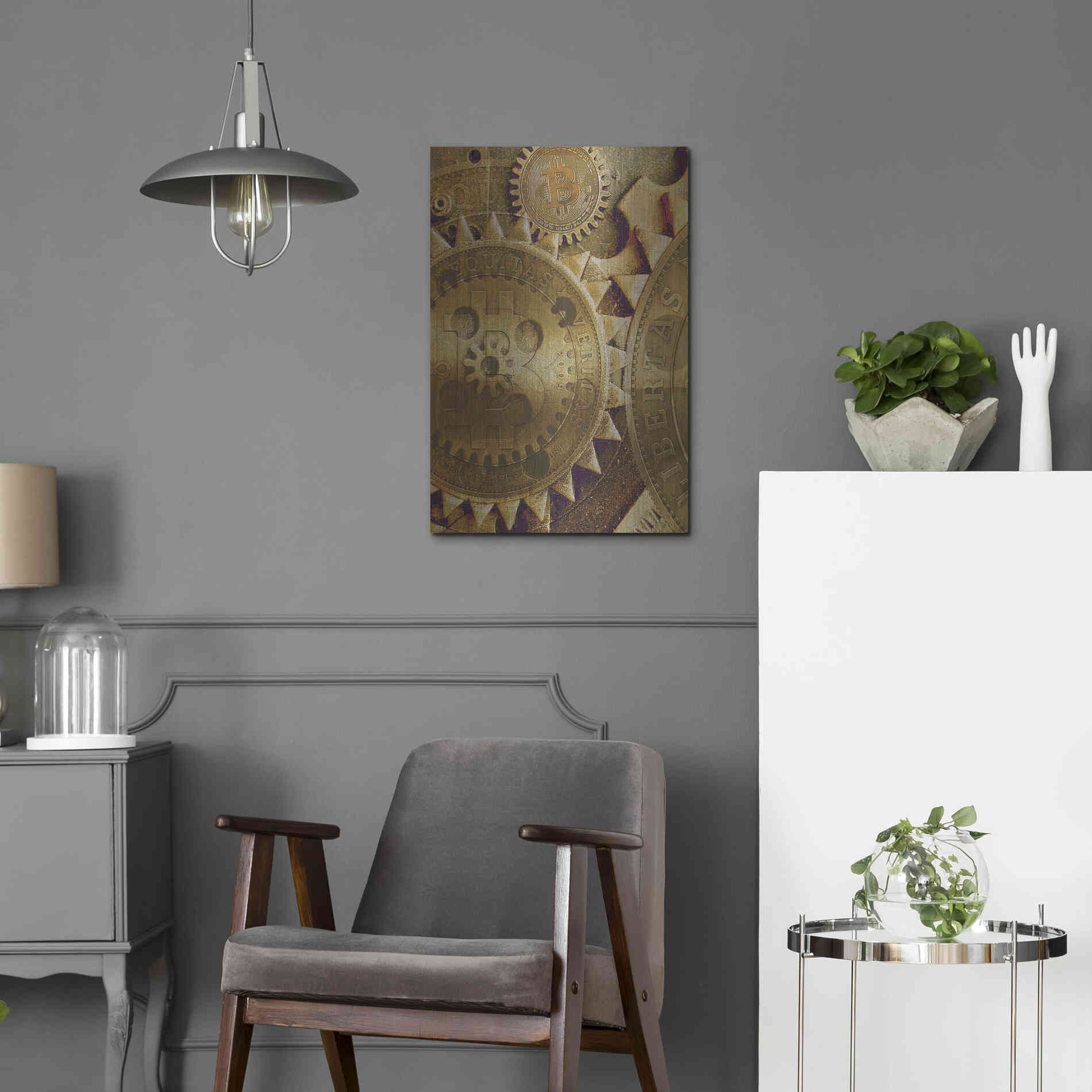 Luxe Metal Art 'Grunge Bitcoin Five' by Steve Hunziker, Metal Wall Art,16x24