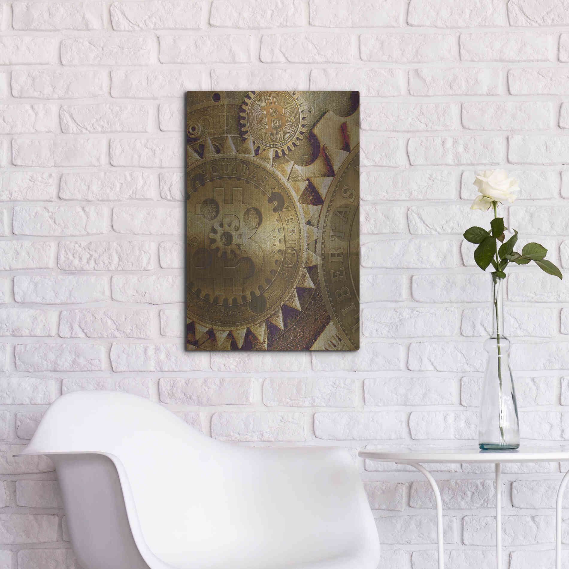 Luxe Metal Art 'Grunge Bitcoin Five' by Steve Hunziker, Metal Wall Art,16x24