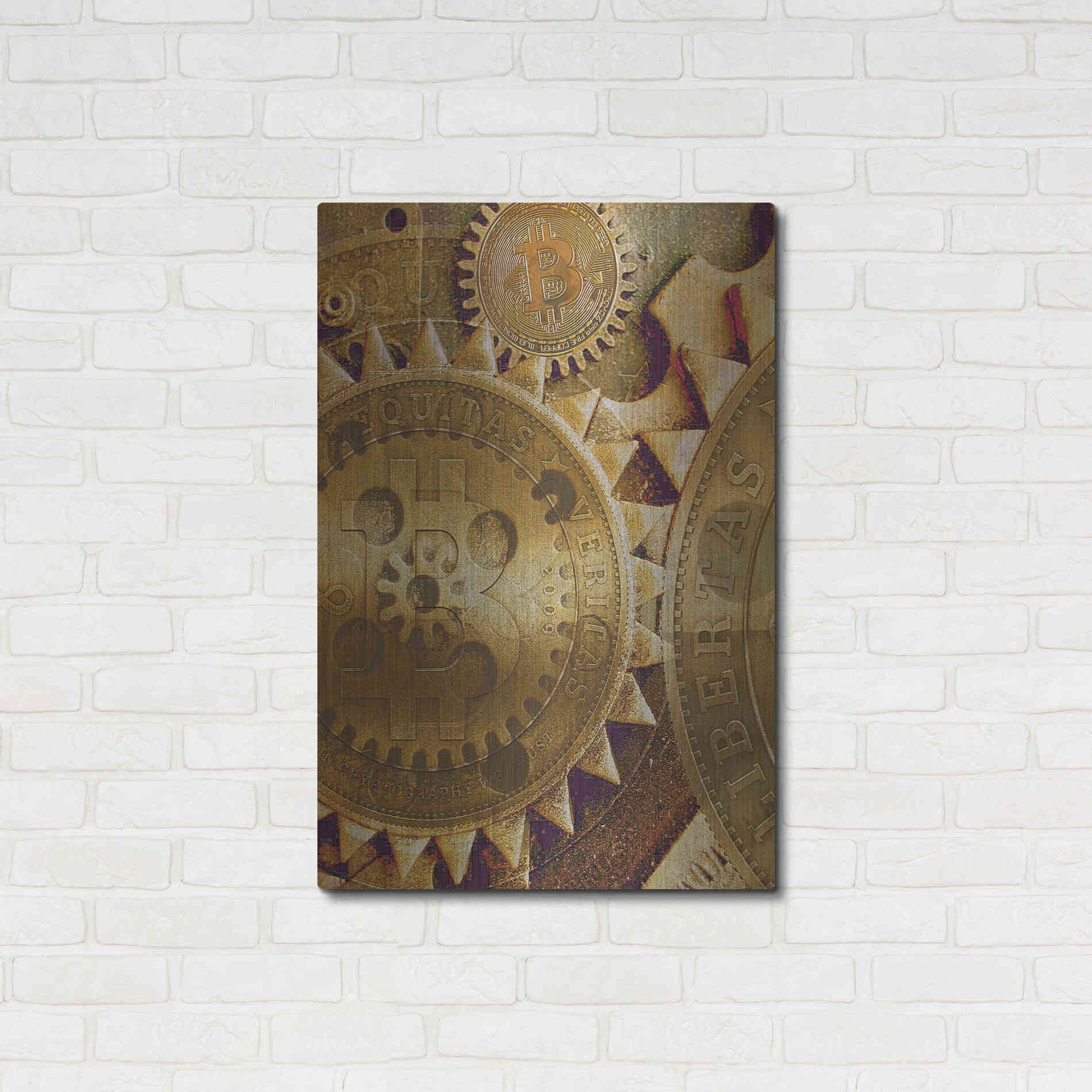 Luxe Metal Art 'Grunge Bitcoin Five' by Steve Hunziker, Metal Wall Art,24x36