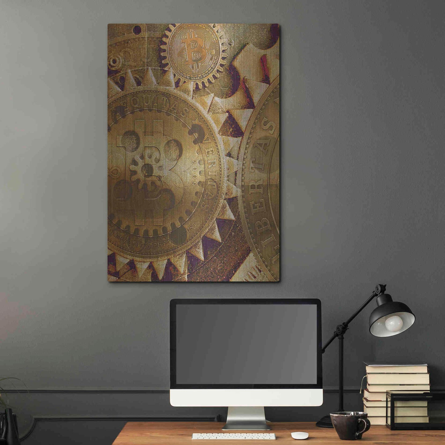 Luxe Metal Art 'Grunge Bitcoin Five' by Steve Hunziker, Metal Wall Art,24x36
