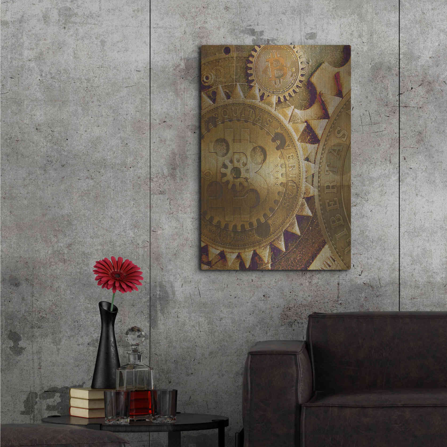 Luxe Metal Art 'Grunge Bitcoin Five' by Steve Hunziker, Metal Wall Art,24x36