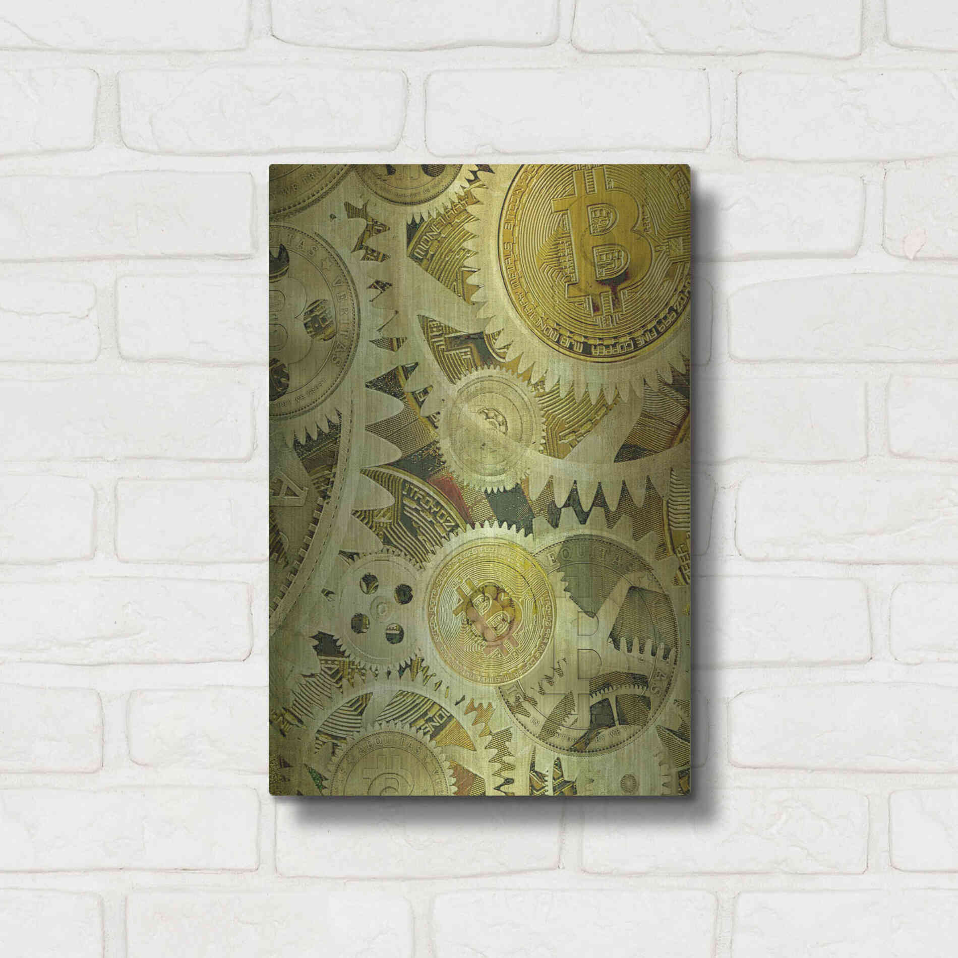 Luxe Metal Art 'Grunge Bitcoin Six' by Steve Hunziker, Metal Wall Art,12x16