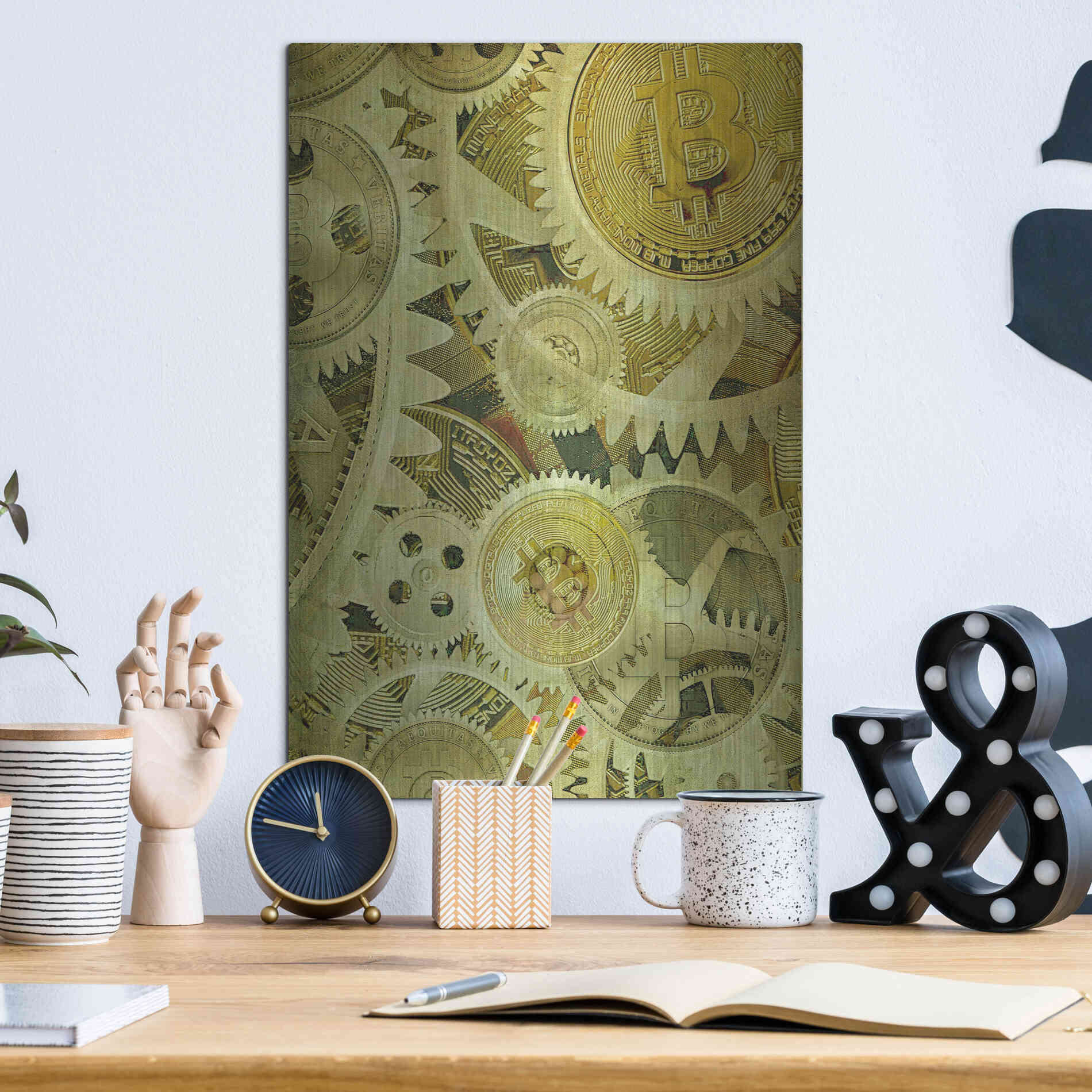 Luxe Metal Art 'Grunge Bitcoin Six' by Steve Hunziker, Metal Wall Art,12x16