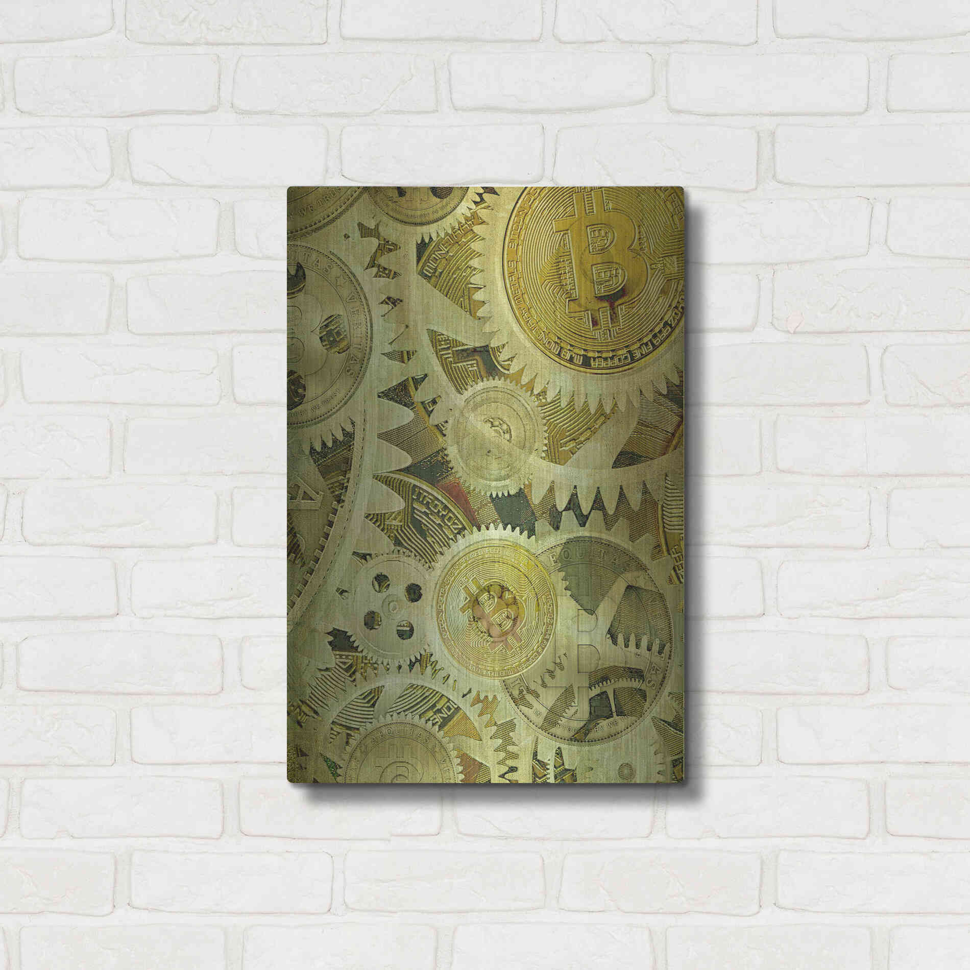 Luxe Metal Art 'Grunge Bitcoin Six' by Steve Hunziker, Metal Wall Art,16x24