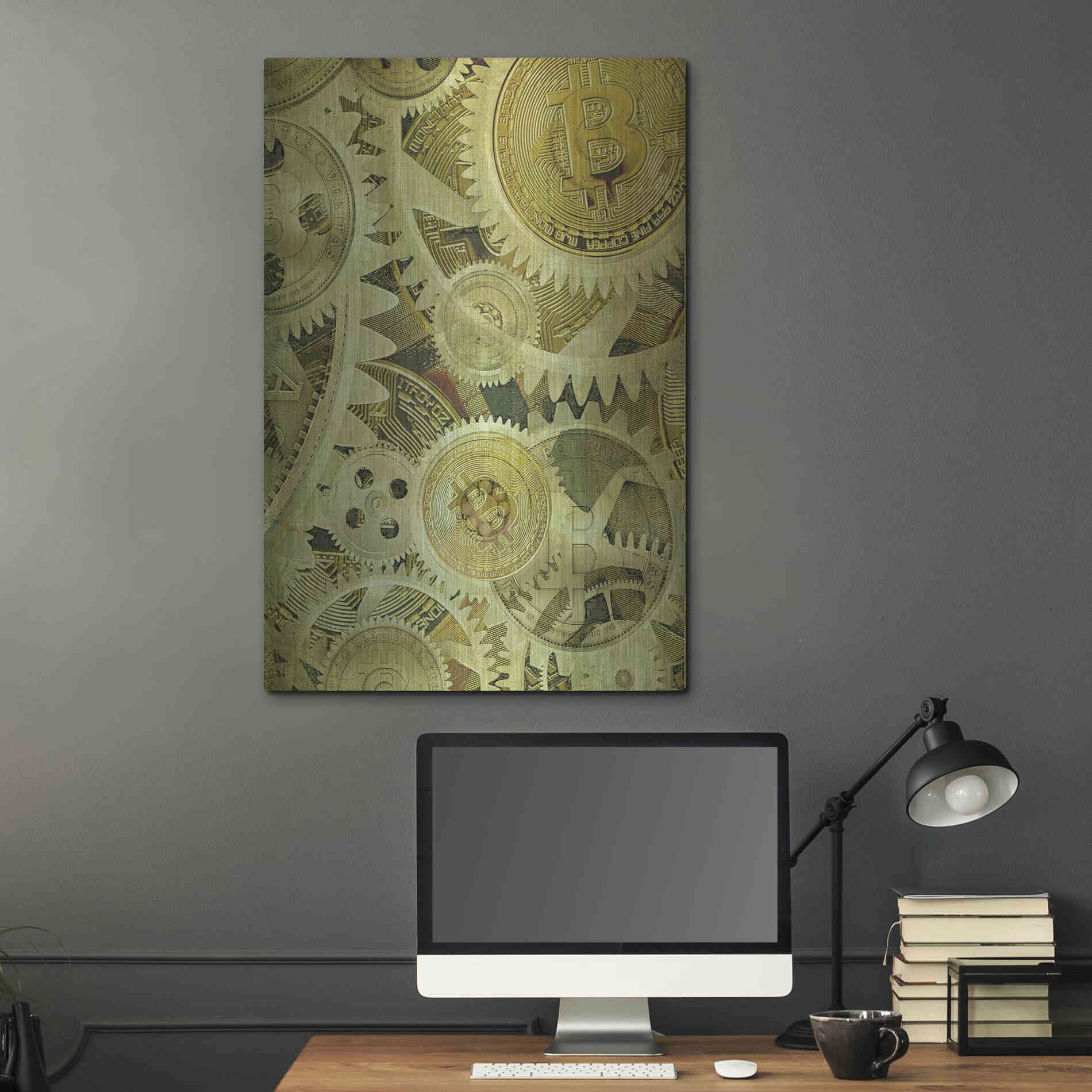 Luxe Metal Art 'Grunge Bitcoin Six' by Steve Hunziker, Metal Wall Art,24x36