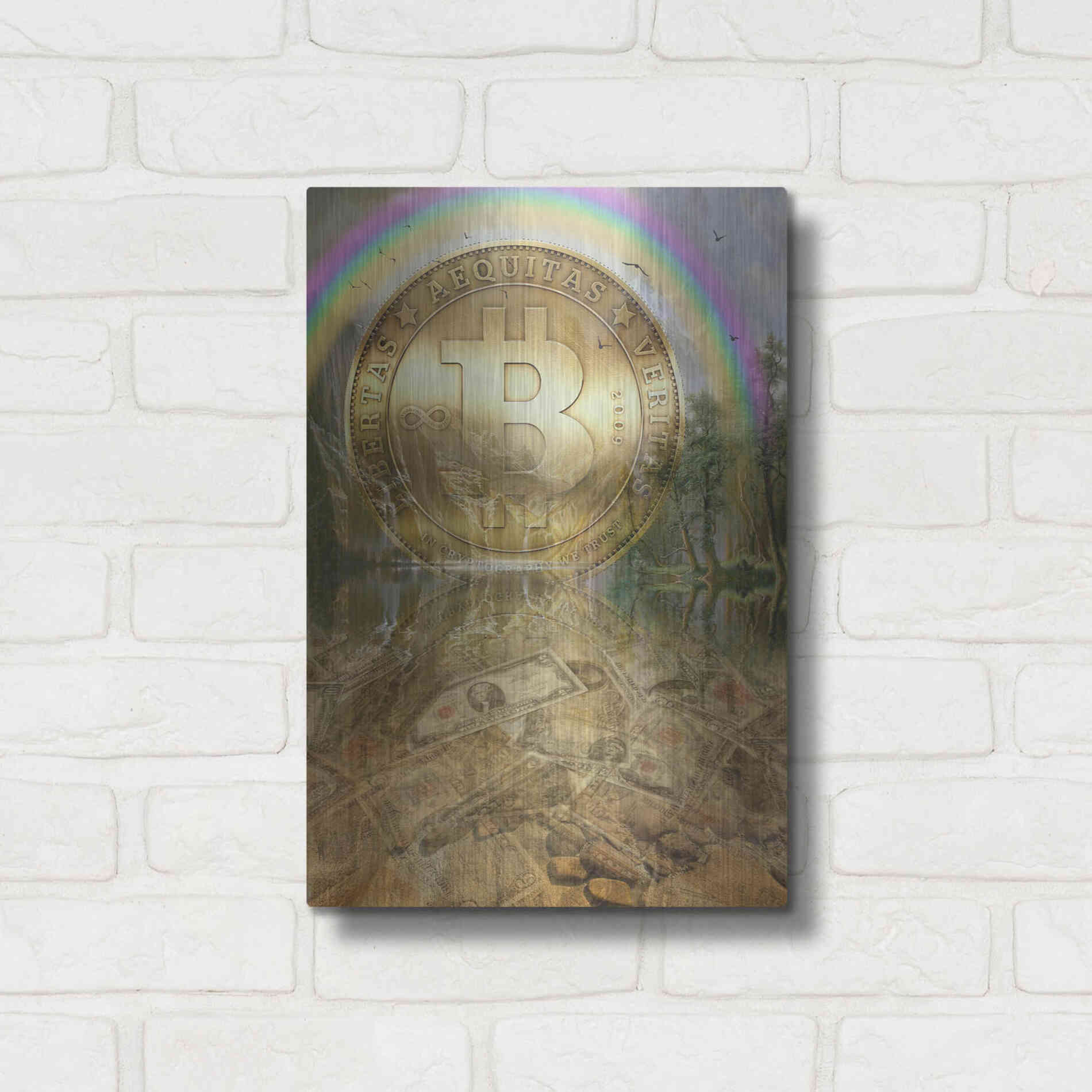 Luxe Metal Art 'Bitcoin New Age Six' by Steve Hunziker, Metal Wall Art,12x16