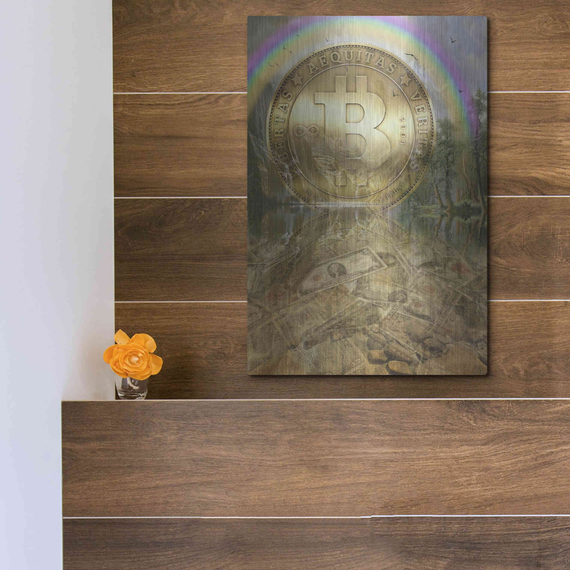 Luxe Metal Art 'Bitcoin New Age Six' by Steve Hunziker, Metal Wall Art,12x16