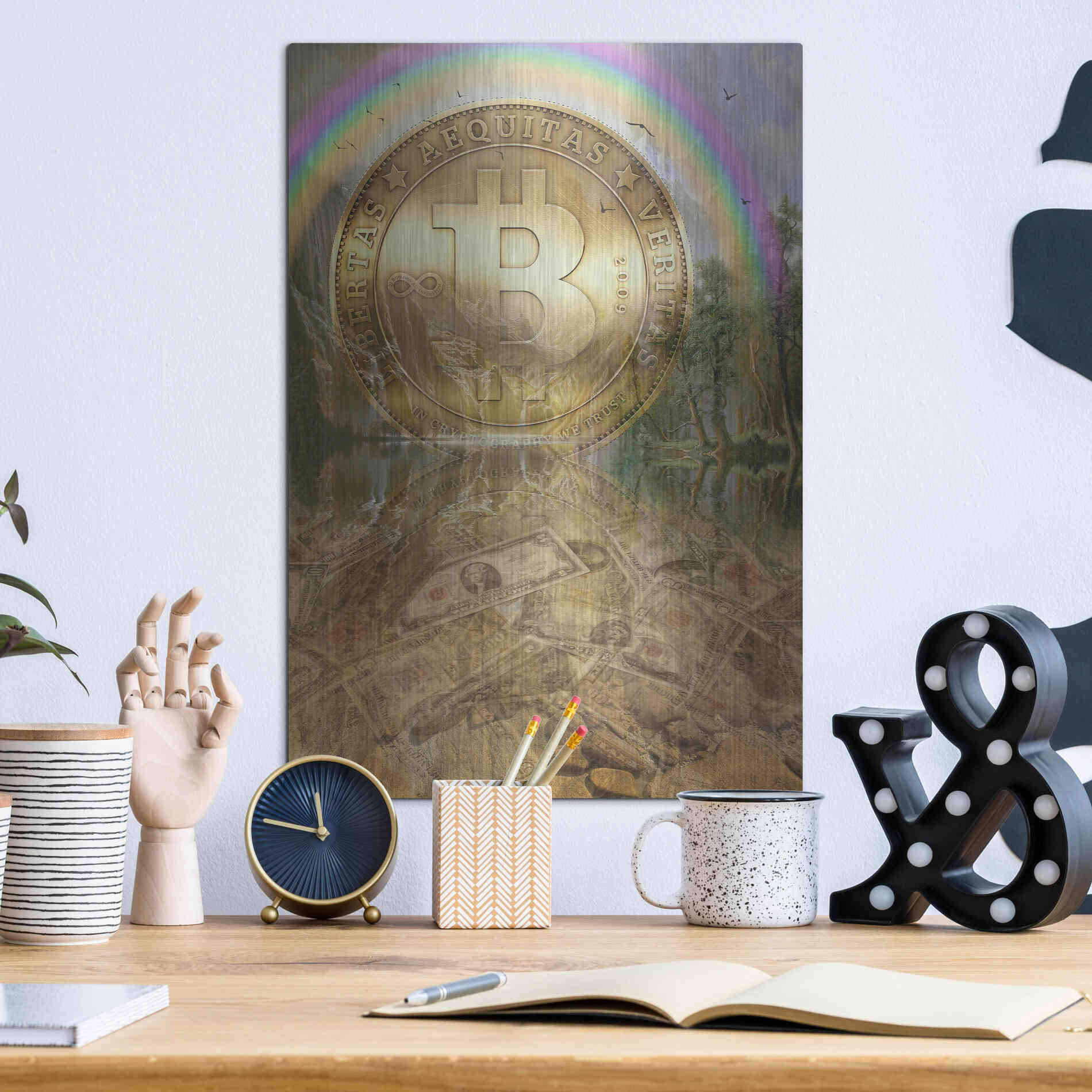 Luxe Metal Art 'Bitcoin New Age Six' by Steve Hunziker, Metal Wall Art,12x16