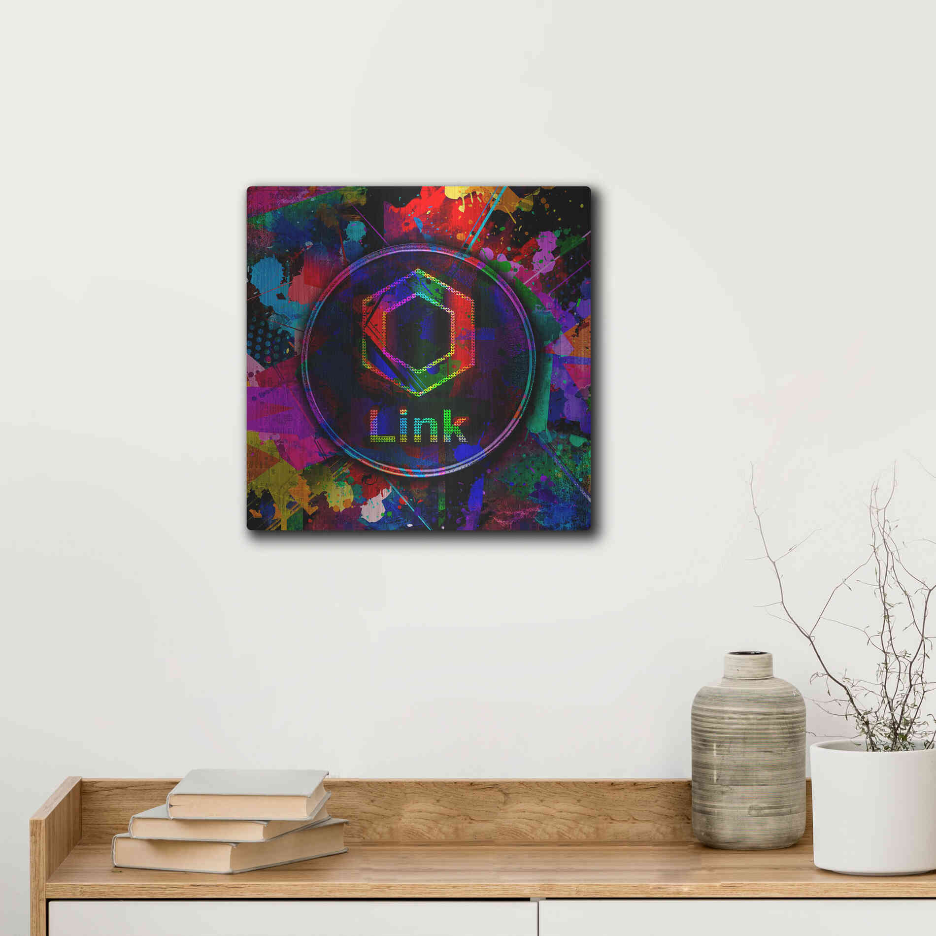 Luxe Metal Art 'Link Crypto Coin Color' Metal Wall Art,12x12