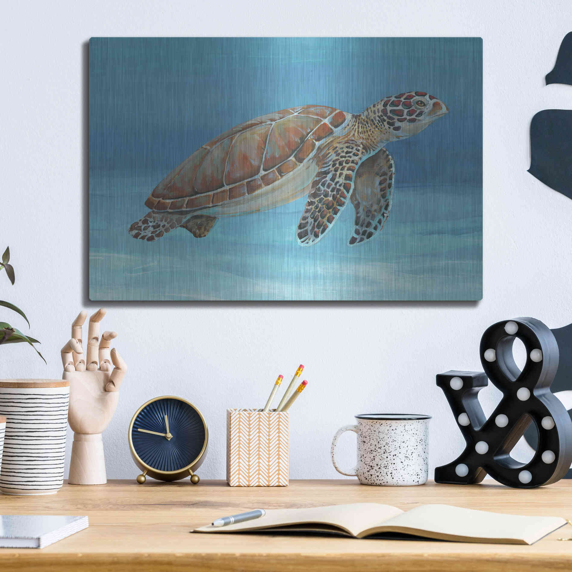 Luxe Metal Art 'Ocean Sea Turtle I' by Tim O'Toole, Metal Wall Art,16x12