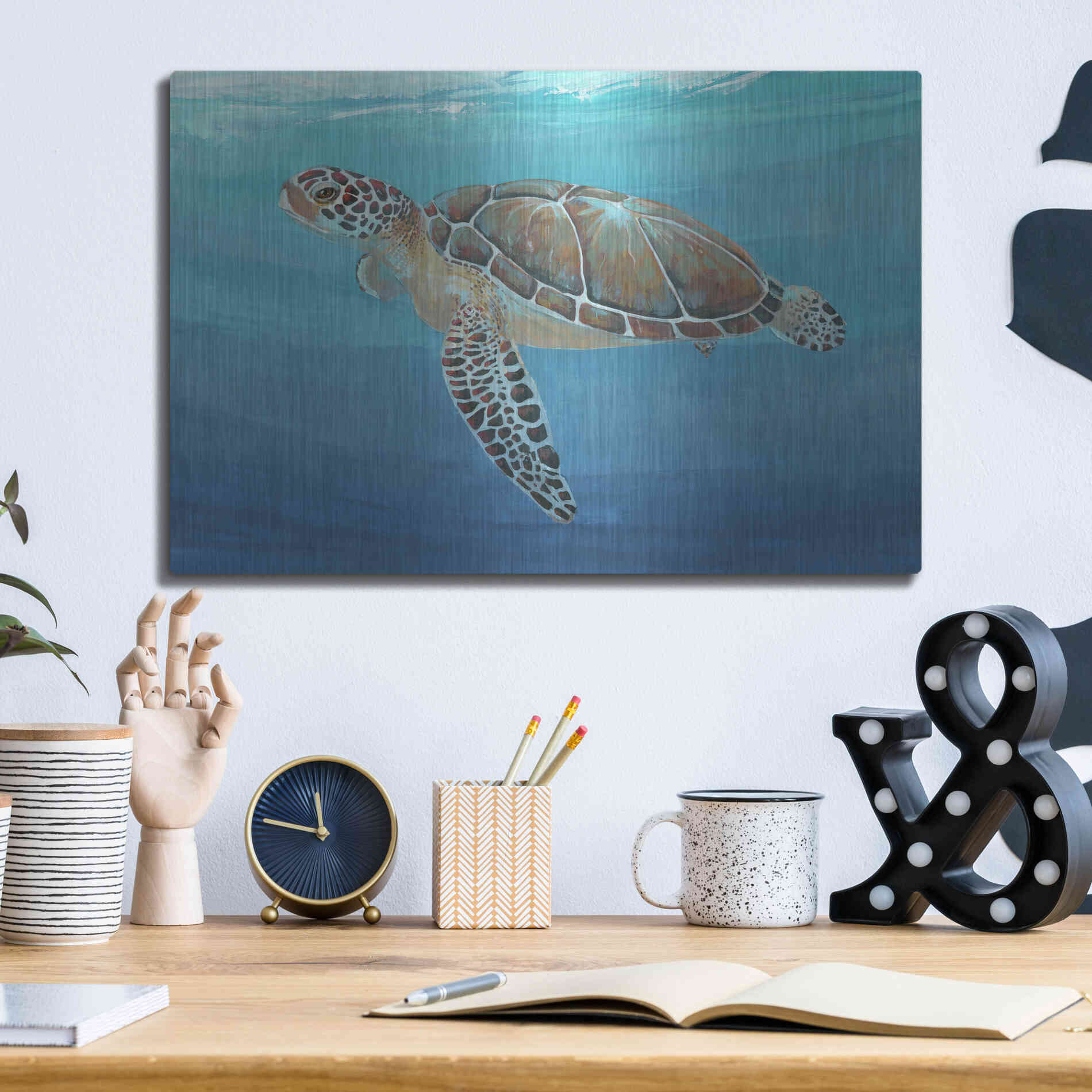 Luxe Metal Art 'Ocean Sea Turtle II' by Tim O'Toole, Metal Wall Art,16x12