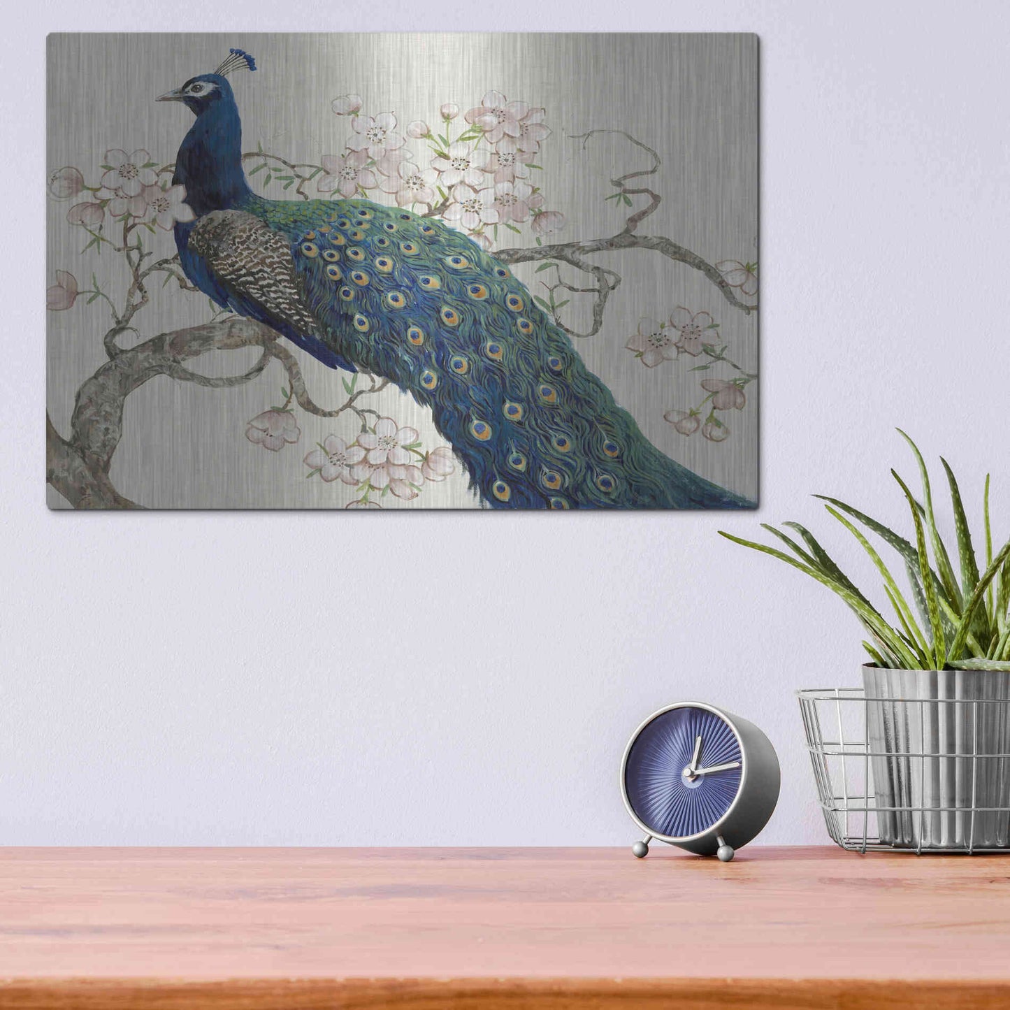 Luxe Metal Art 'Peacock & Blossoms II' by Tim O'Toole, Metal Wall Art,16x12