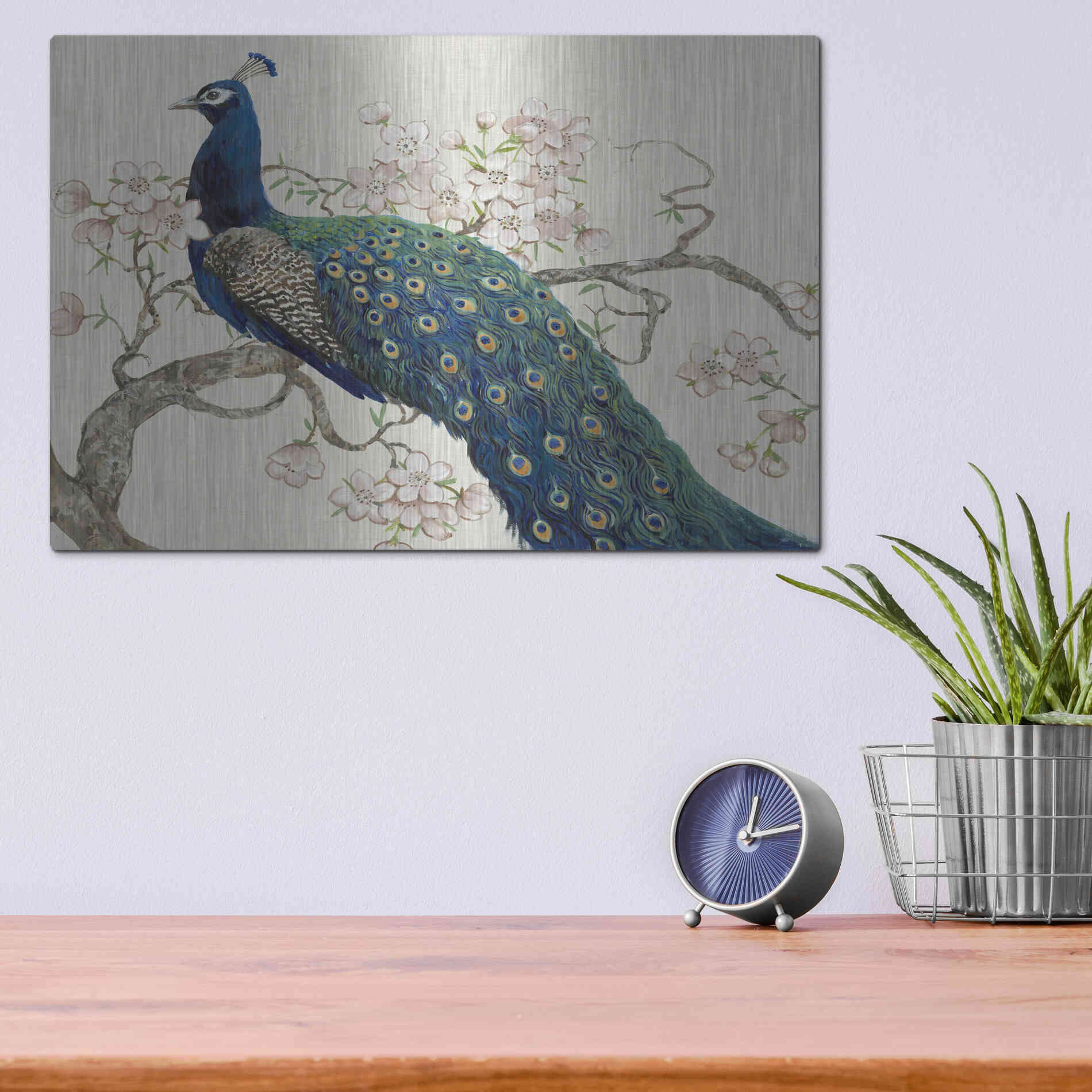 Luxe Metal Art 'Peacock & Blossoms II' by Tim O'Toole, Metal Wall Art,16x12