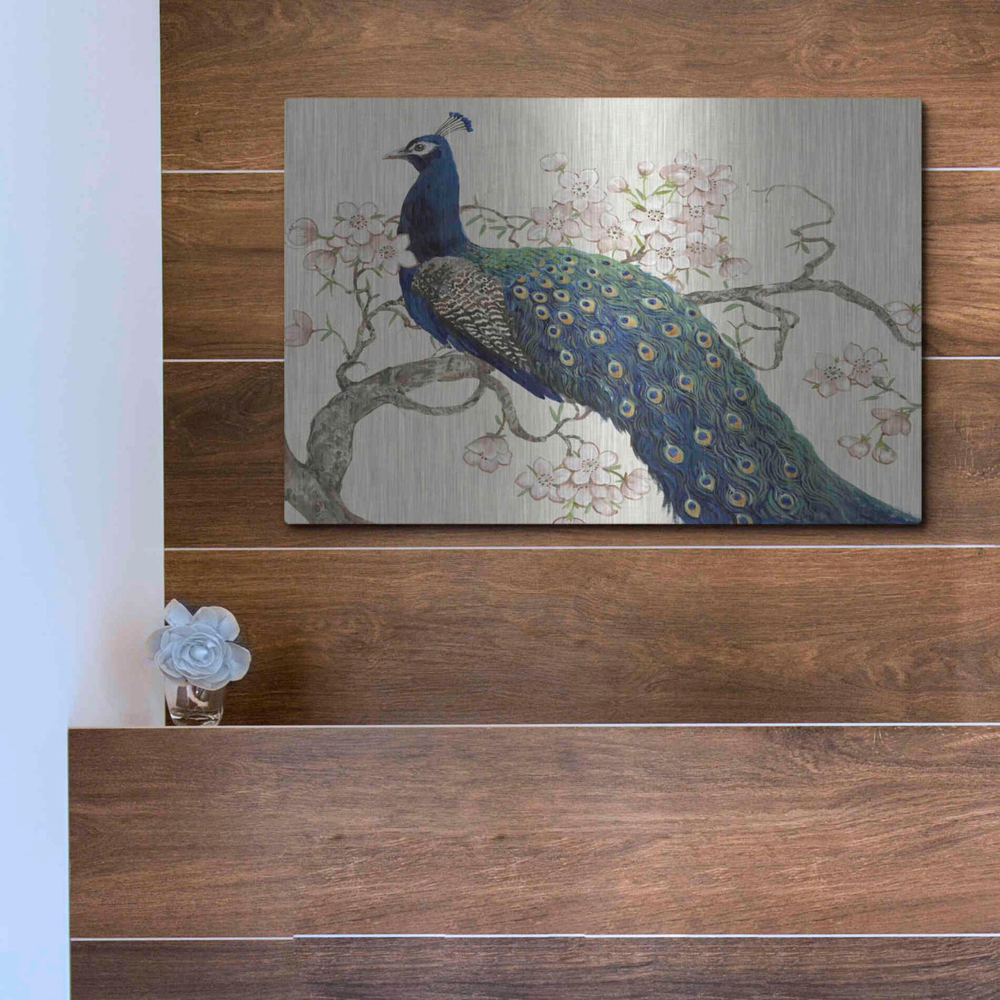 Luxe Metal Art 'Peacock & Blossoms II' by Tim O'Toole, Metal Wall Art,16x12