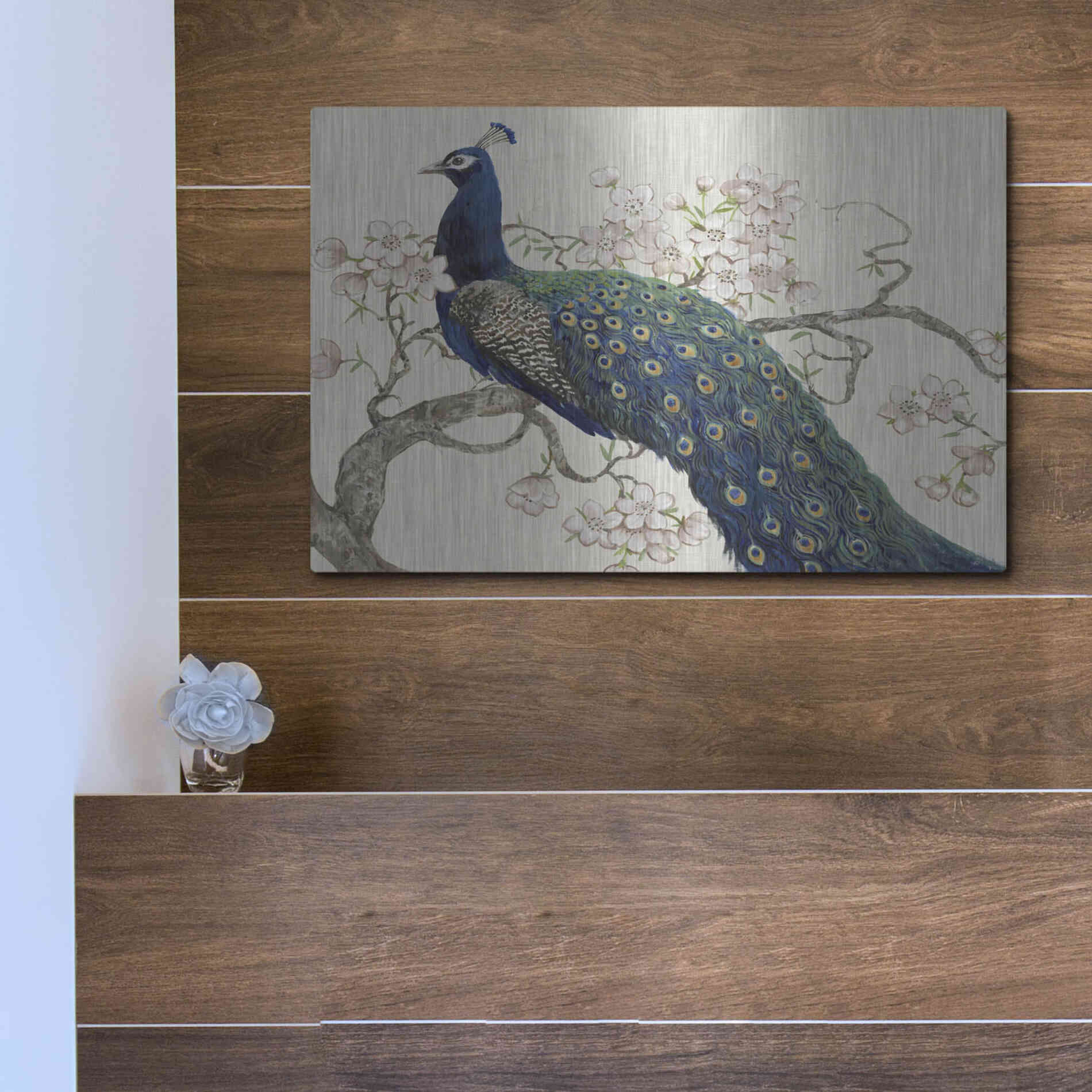 Luxe Metal Art 'Peacock & Blossoms II' by Tim O'Toole, Metal Wall Art,16x12