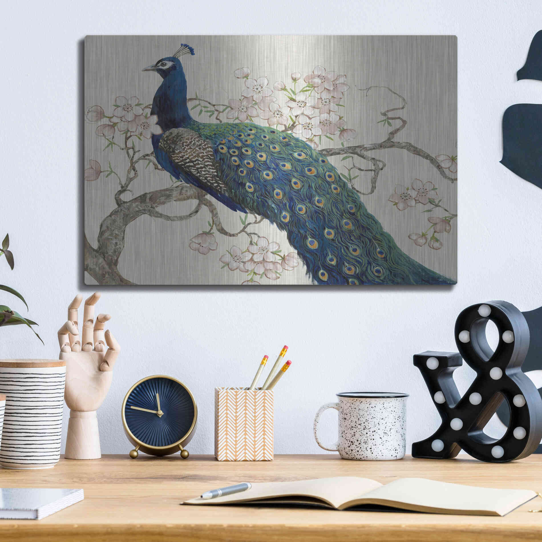 Luxe Metal Art 'Peacock & Blossoms II' by Tim O'Toole, Metal Wall Art,16x12