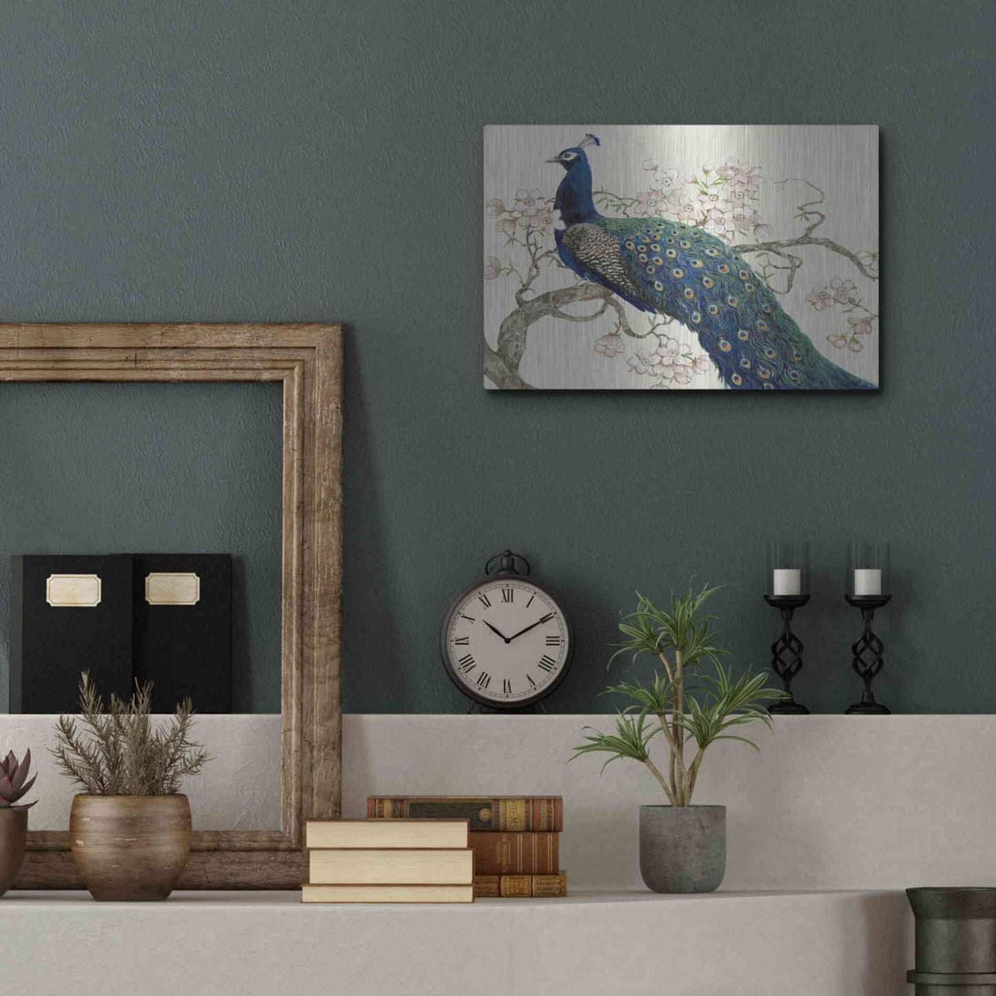 Luxe Metal Art 'Peacock & Blossoms II' by Tim O'Toole, Metal Wall Art,16x12