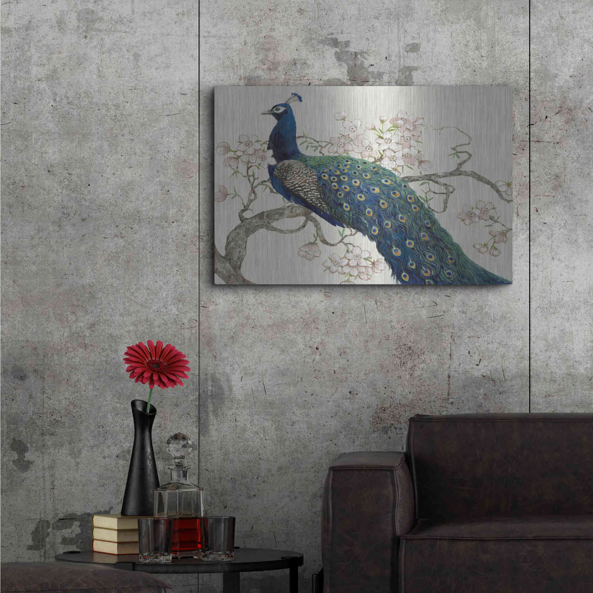 Luxe Metal Art 'Peacock & Blossoms II' by Tim O'Toole, Metal Wall Art,36x24