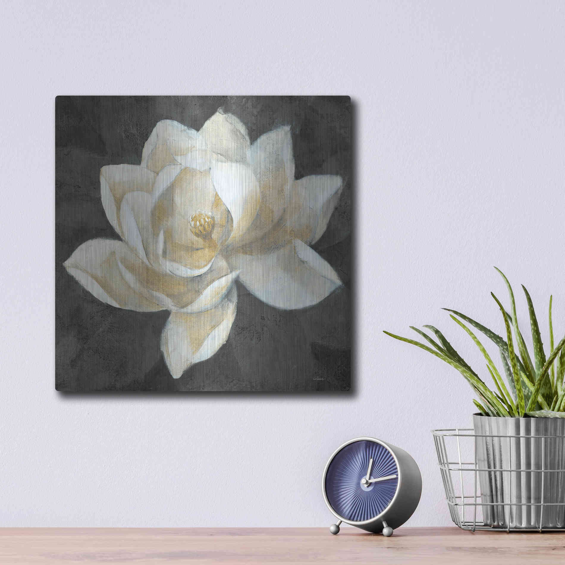 Luxe Metal Art 'Majestic Magnolia Neutral Sq' by Albena Hristova, Metal Wall Art,12x12