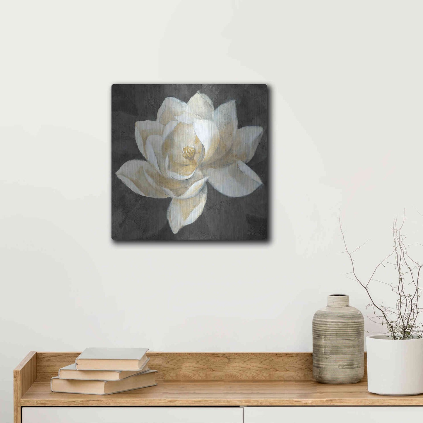 Luxe Metal Art 'Majestic Magnolia Neutral Sq' by Albena Hristova, Metal Wall Art,12x12