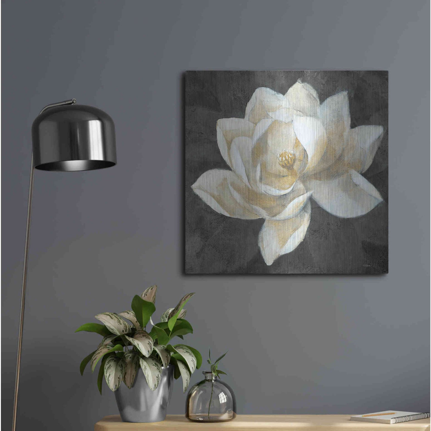 Luxe Metal Art 'Majestic Magnolia Neutral Sq' by Albena Hristova, Metal Wall Art,24x24