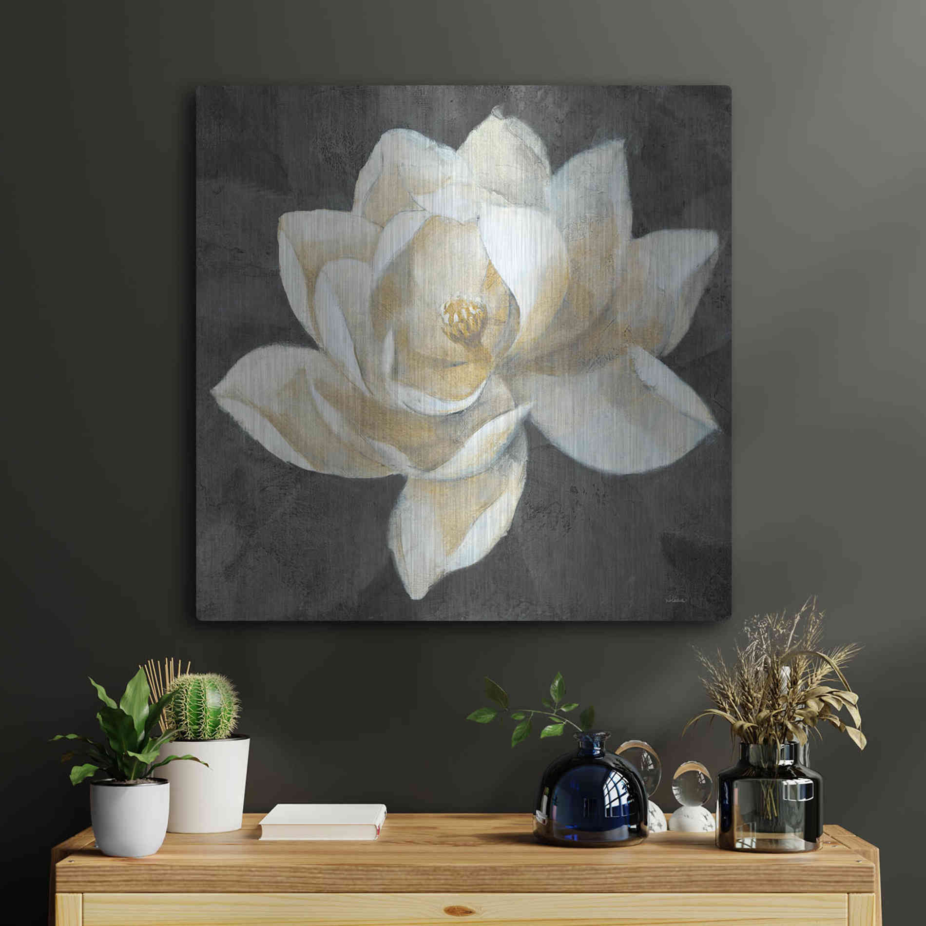 Luxe Metal Art 'Majestic Magnolia Neutral Sq' by Albena Hristova, Metal Wall Art,24x24