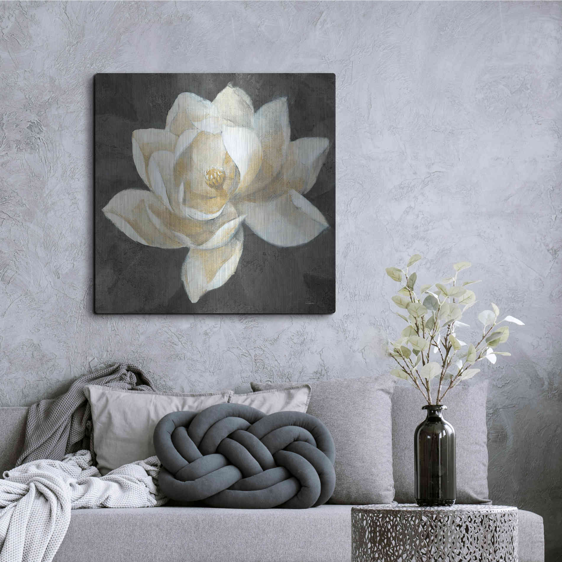 Luxe Metal Art 'Majestic Magnolia Neutral Sq' by Albena Hristova, Metal Wall Art,36x36