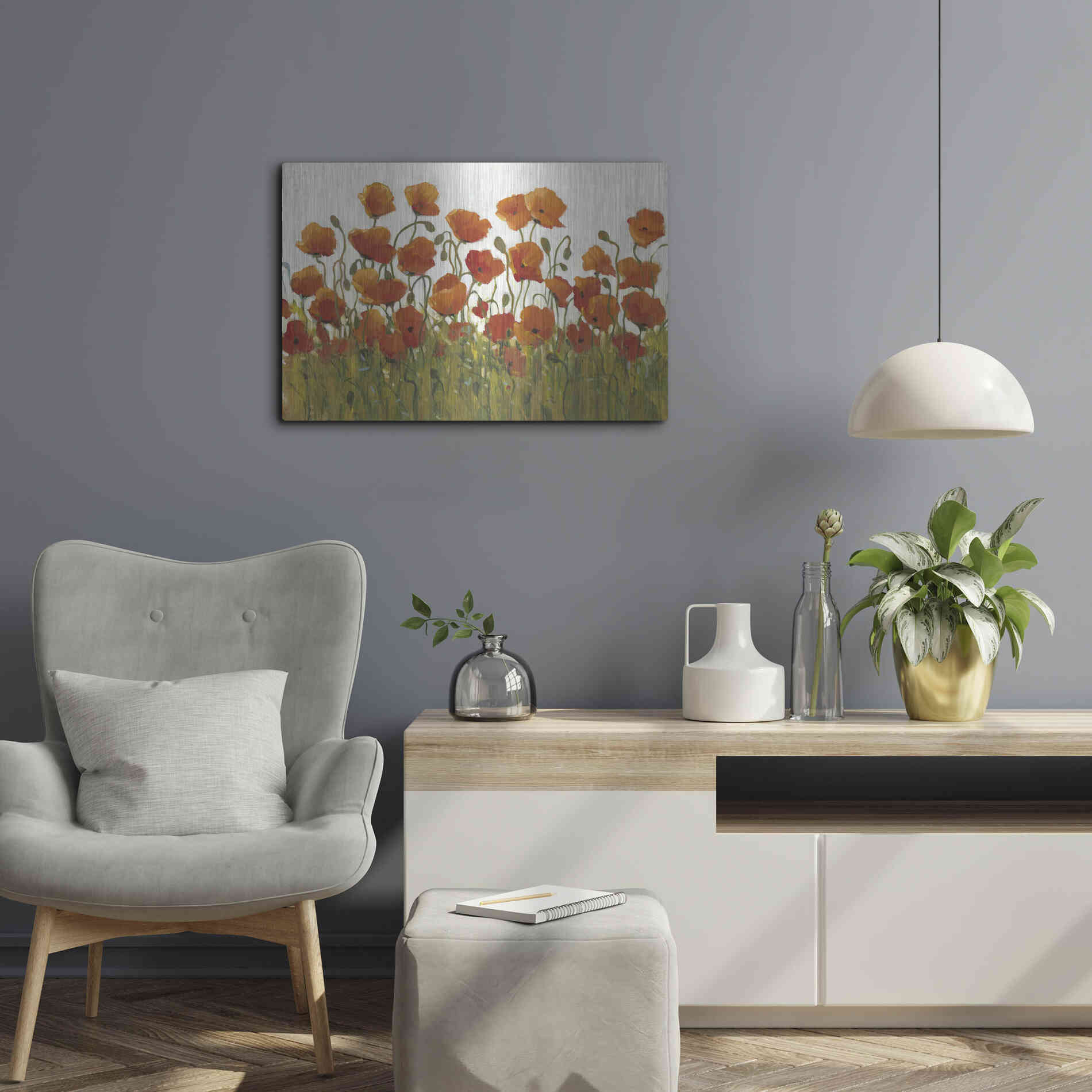 Luxe Metal Art 'Rows of Poppies I' by Tim O'Toole, Metal Wall Art,24x16