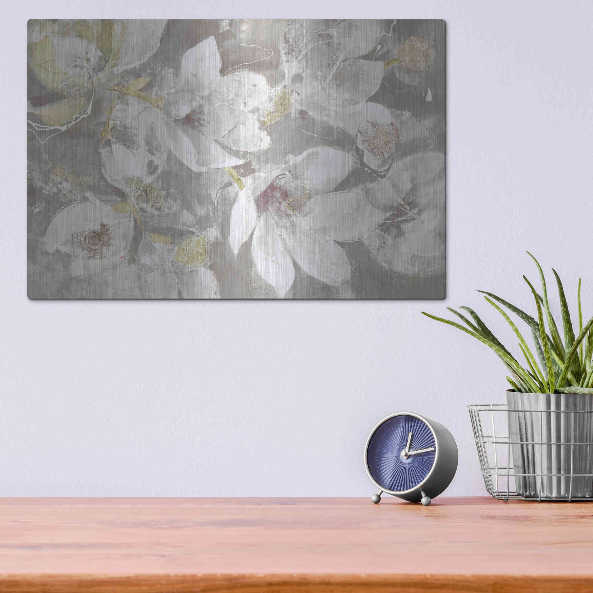 Luxe Metal Art 'Magnolias in Bloom Greige' by Albena Hristova, Metal Wall Art,16x12