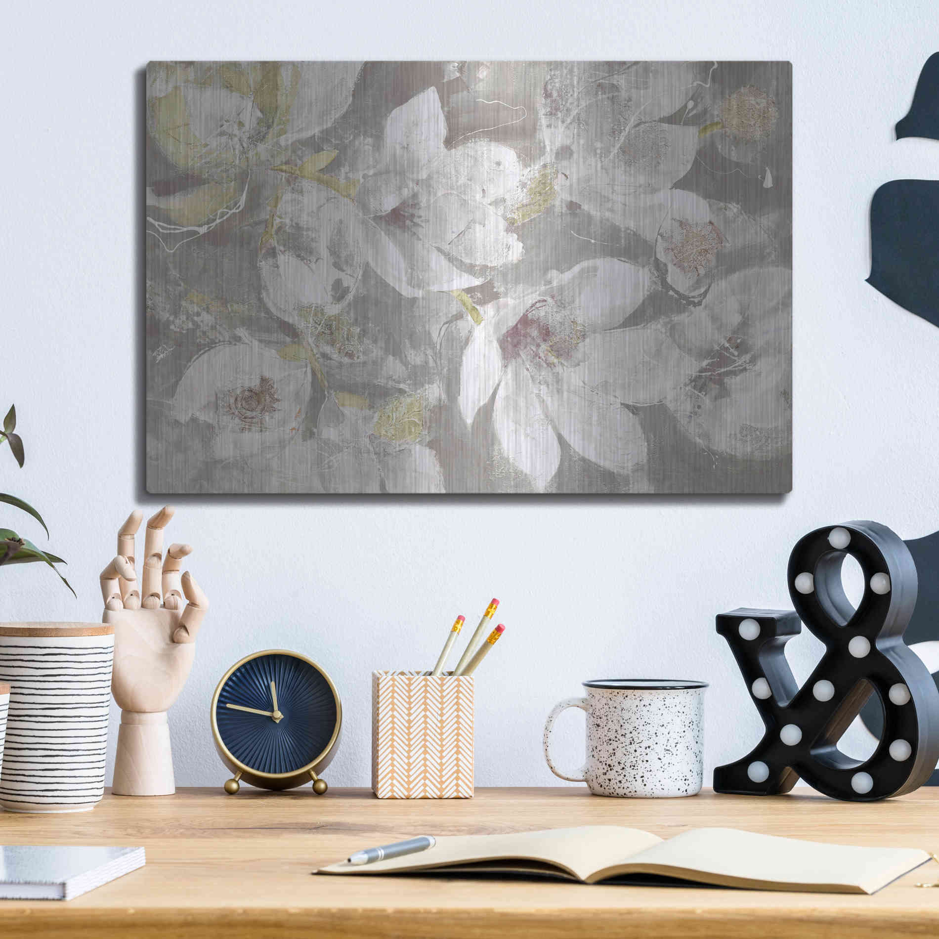 Luxe Metal Art 'Magnolias in Bloom Greige' by Albena Hristova, Metal Wall Art,16x12