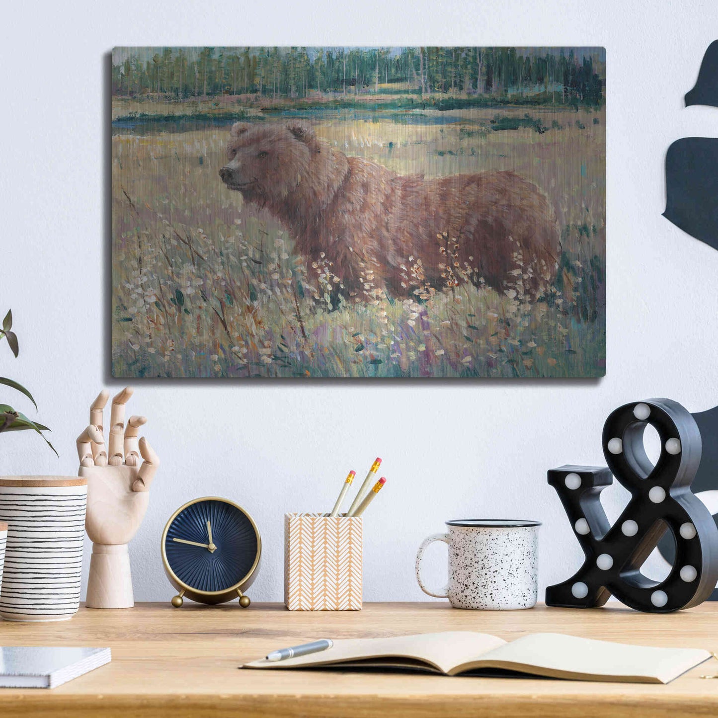 Luxe Metal Art 'Bear in the Field' by Tim O'Toole, Metal Wall Art,16x12
