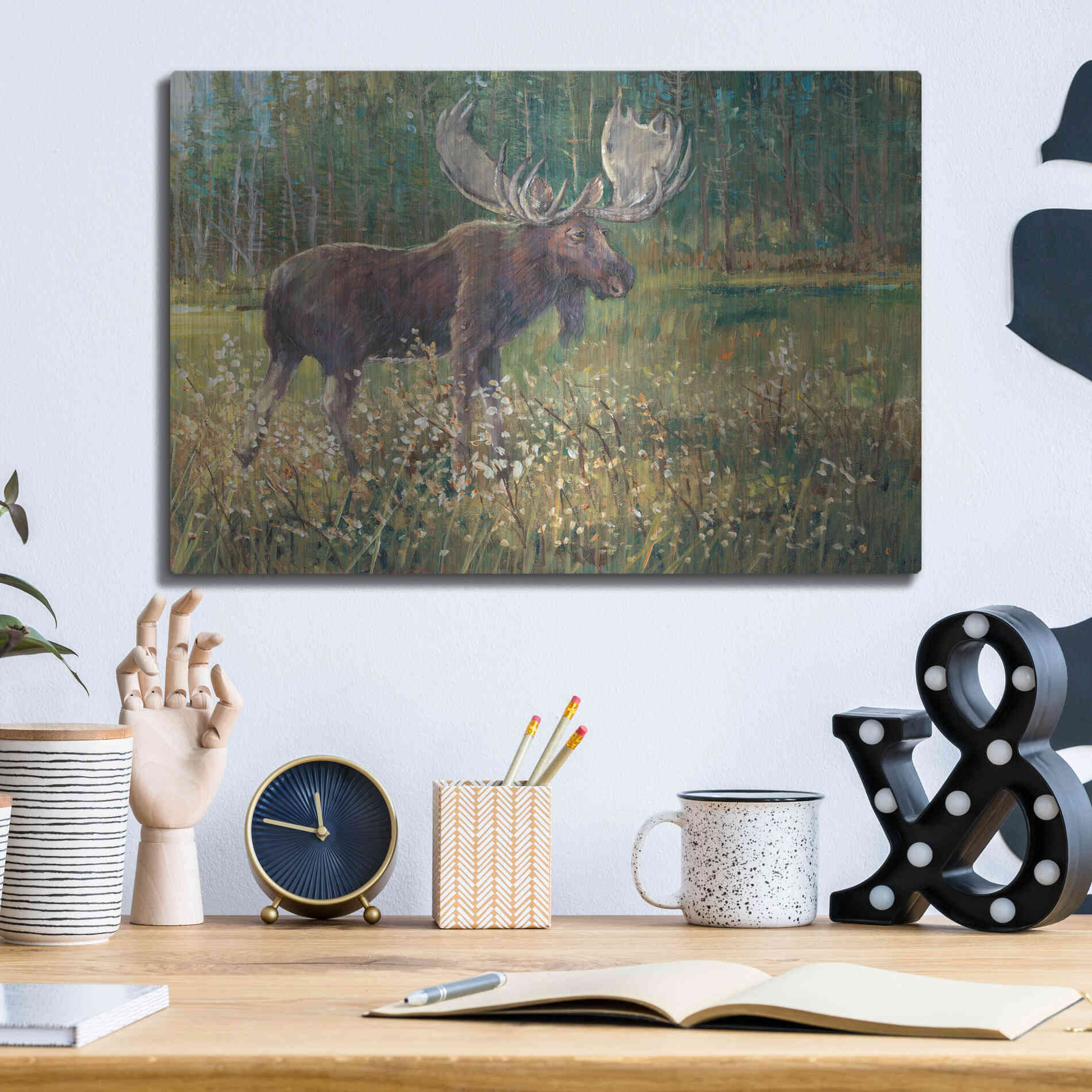 Luxe Metal Art 'Moose in the Field' by Tim O'Toole, Metal Wall Art,16x12