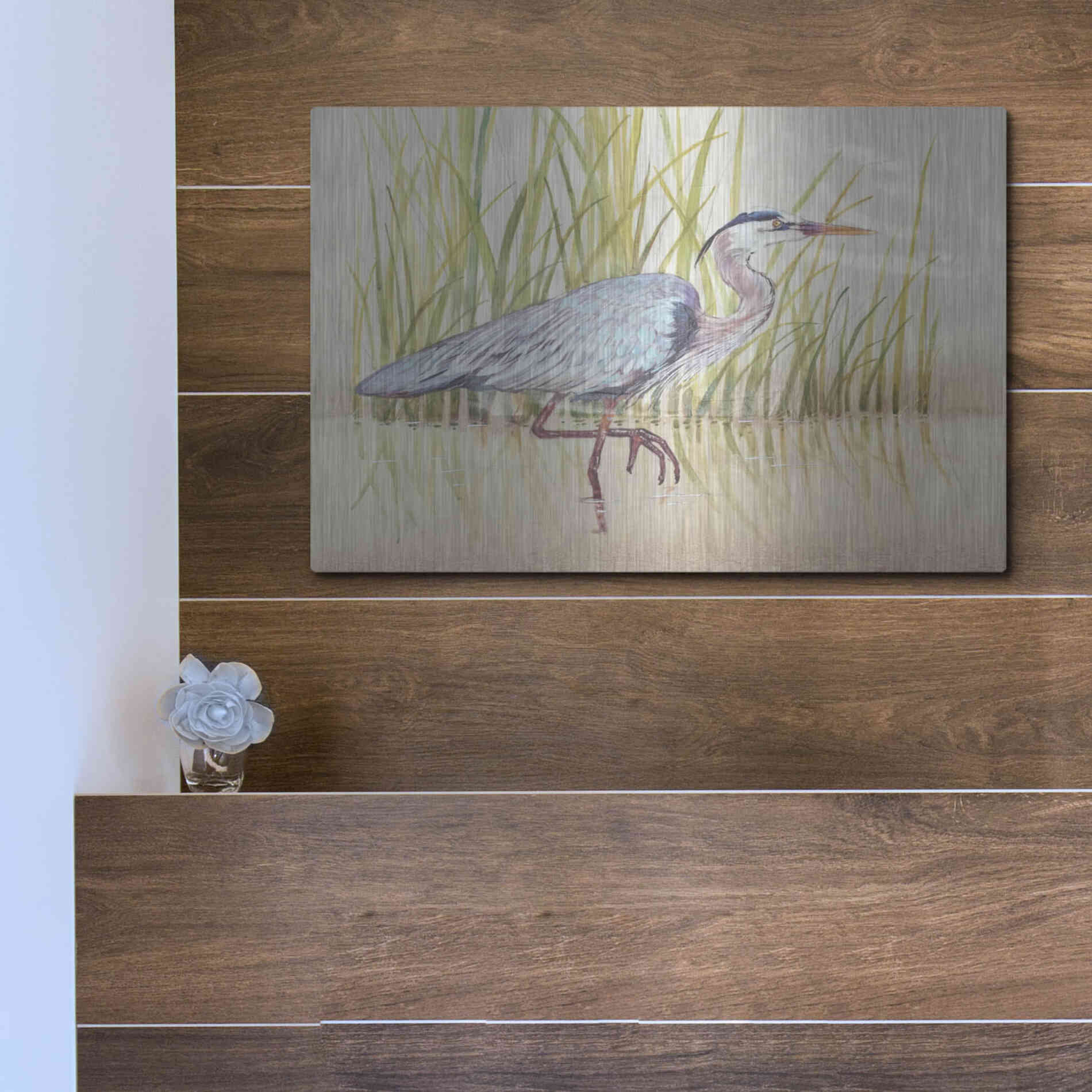 Luxe Metal Art 'Heron & Reeds I' by Tim O'Toole, Metal Wall Art,16x12