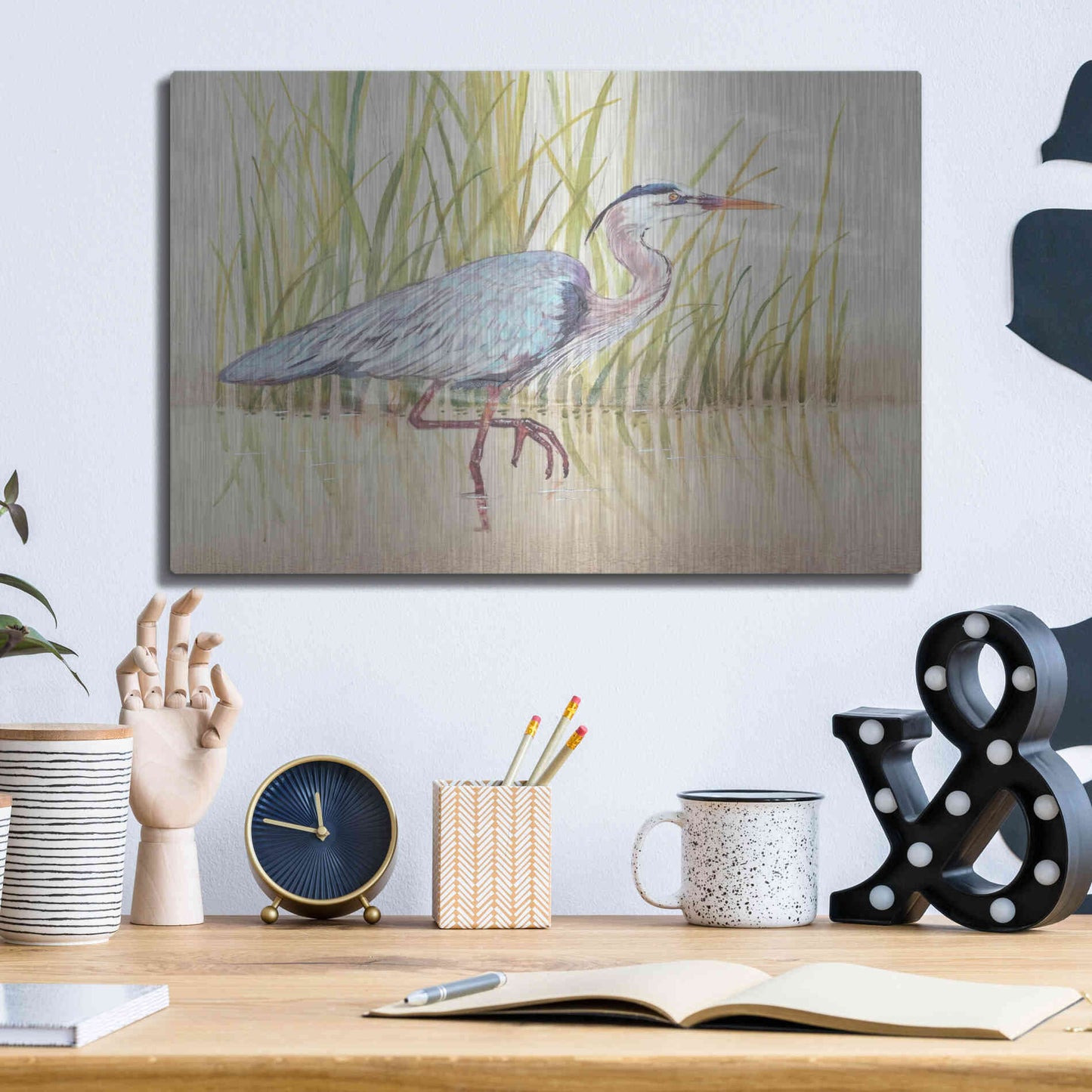 Luxe Metal Art 'Heron & Reeds I' by Tim O'Toole, Metal Wall Art,16x12