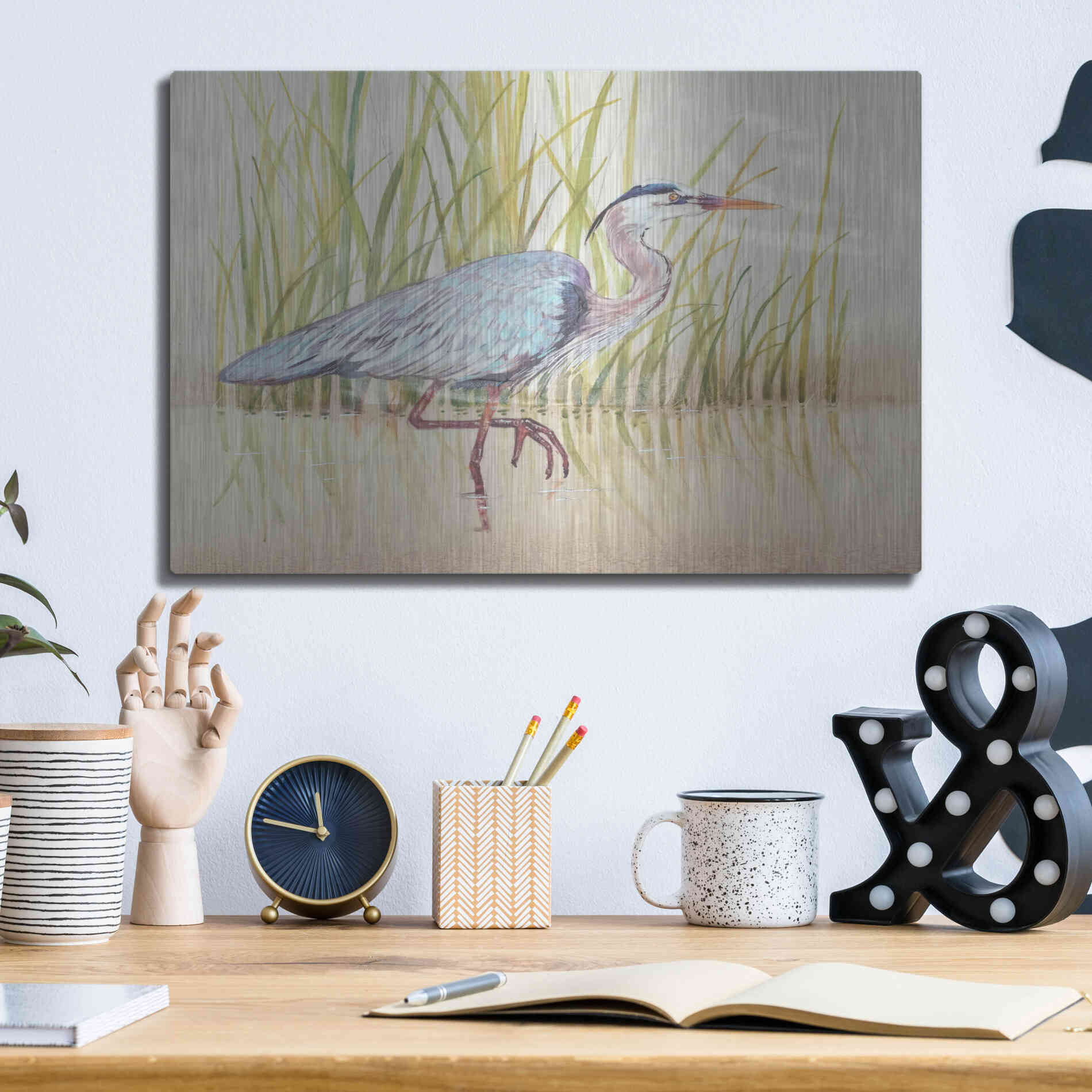Luxe Metal Art 'Heron & Reeds I' by Tim O'Toole, Metal Wall Art,16x12